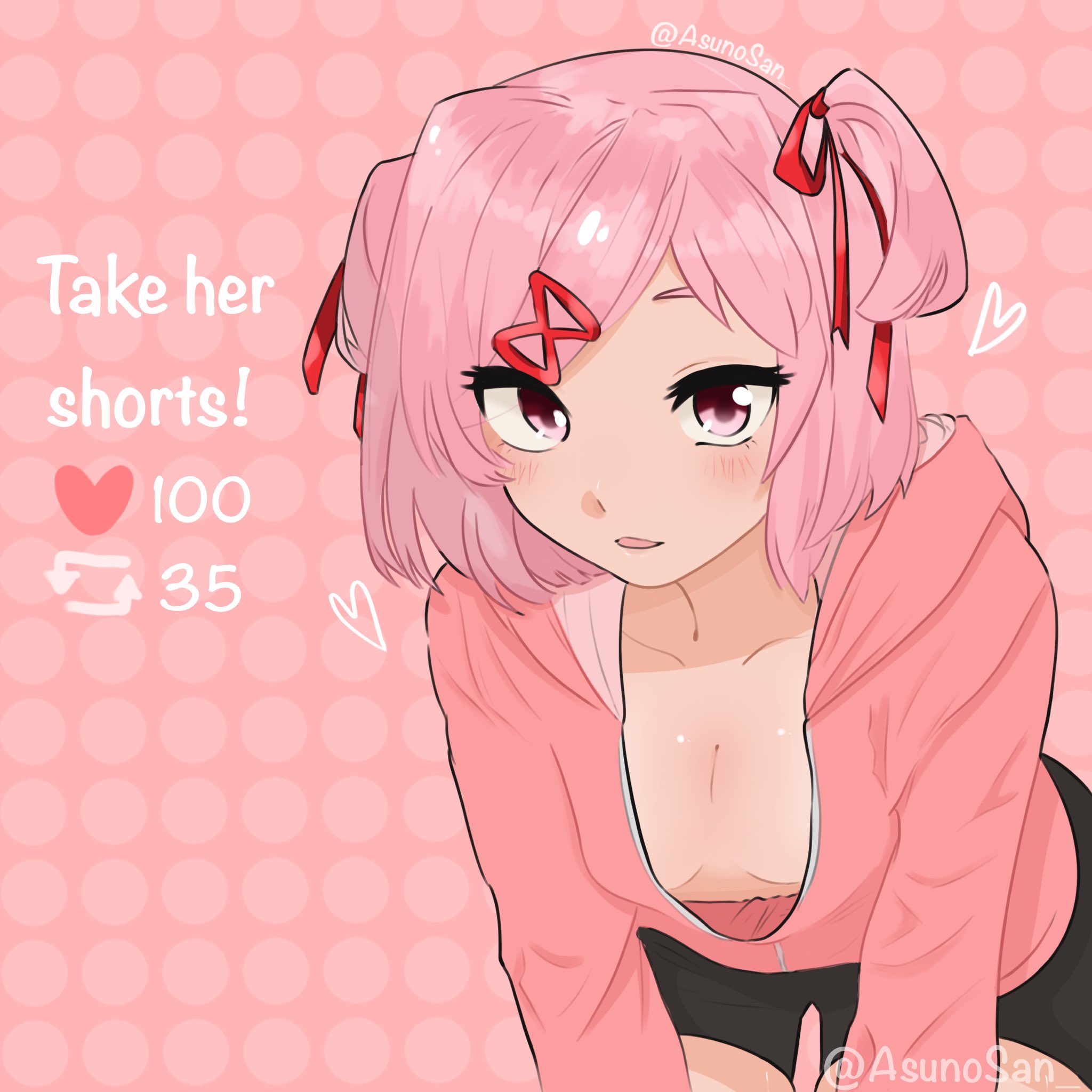 1girl, artist name, asuno-san, bent over, bike shorts, black shorts, blush, bob cut, breasts, cleavage, collarbone, commentary, cowboy shot, ddlc, doki doki literature club, downblouse, english commentary, english text, eyelashes, hair ornament, hair over one eye, hair ribbon, heart, highres, hood, hood down, hoodie, leaning forward, like and retweet, looking at viewer, natsuki (doki doki literature club), no bra, no shirt, pink background, pink eyes, pink hair, pink hoodie, polka dot, polka dot background, red ribbon, ribbon, serenity forge, short hair, shorts, skindentation, small breasts, solo, swept bangs, team salvato, teasing, twitter strip game, twitter username, two side up, upturned eyes, v arms, x hair ornament
