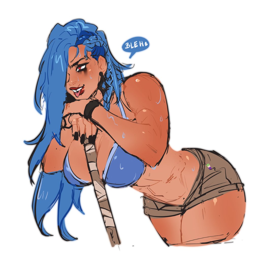 1girls, abs, athletic, athletic female, big breasts, blue hair, female, female focus, female only, hair down, hair over one eye, highres, junker queen, midriff, muscular, muscular female, overwatch, painted nails, piercing, randgris, randgrrris, red eyes, safe for work, sfw, shorts, simple background, strstyler, tan body, tan skin, tan-skinned female, tongue, tongue out