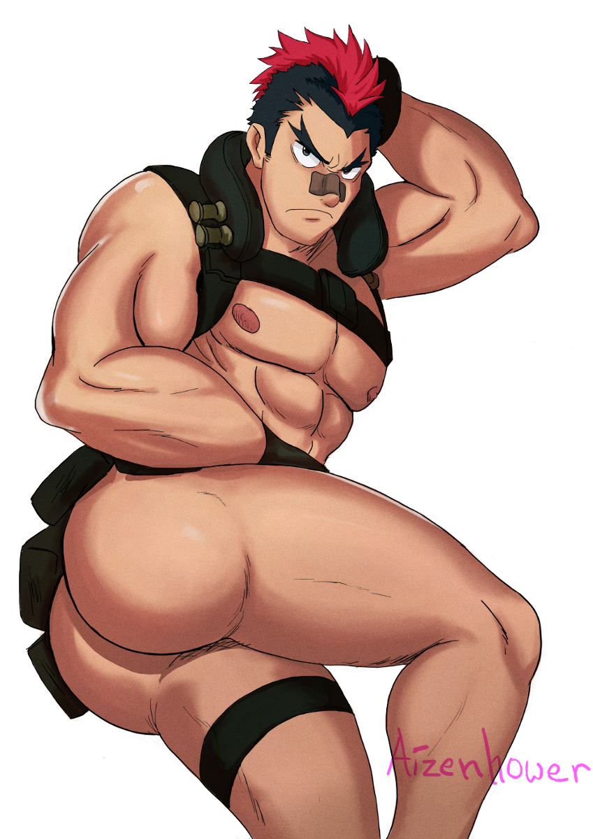 1boy abs aizenhower ass back_view bandage bandage_on_face bara biceps black_hair bubble_ass bubble_butt gloves hand_on_head human human_only kill_la_kill kinagase_tsumugu looking_at_viewer lying male male_focus male_only multicolored_hair muscle muscles muscular muscular_male nipples nude nude_male pecs presenting presenting_ass presenting_butt red_hair simple_background white_background