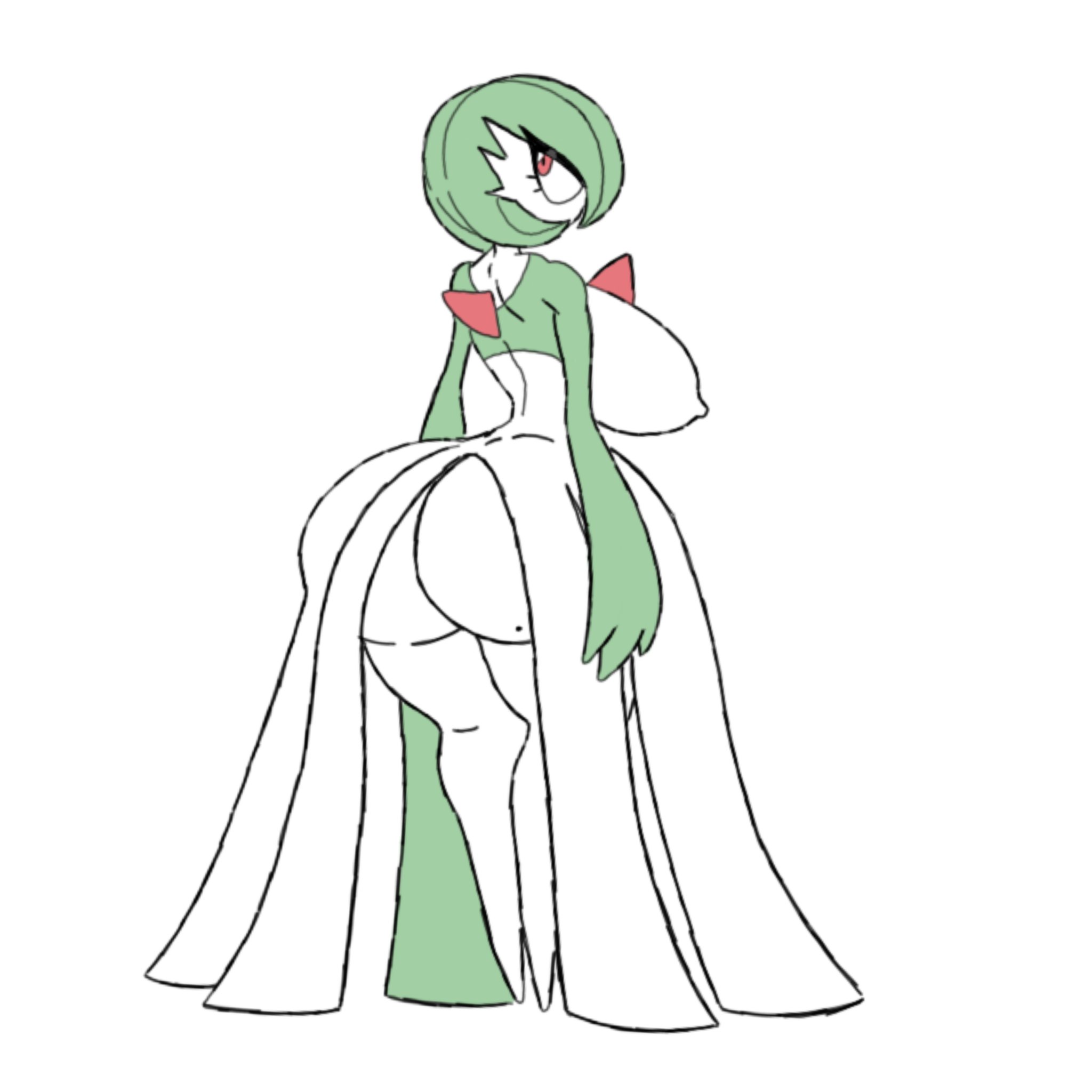 1girls, arms at sides, ass, asscheeks, back facing viewer, back view, big ass, big butt, breasts, butt, butt crack, chest spike, clothing, curvaceous, curvy, curvy female, curvy figure, dress, eyelashes, gamefreak, gardevoir, green body, green hair, green skin, huge ass, huge butt, large breasts, looking back, nintendo, nipple bulge, no panties, pokemon, pokemon (species), pokemon only, red eyes, simple background, solo, solo female, solo focus, spikes (anatomy), standing, thick thighs, unamused, whispmuffin, white background, white body