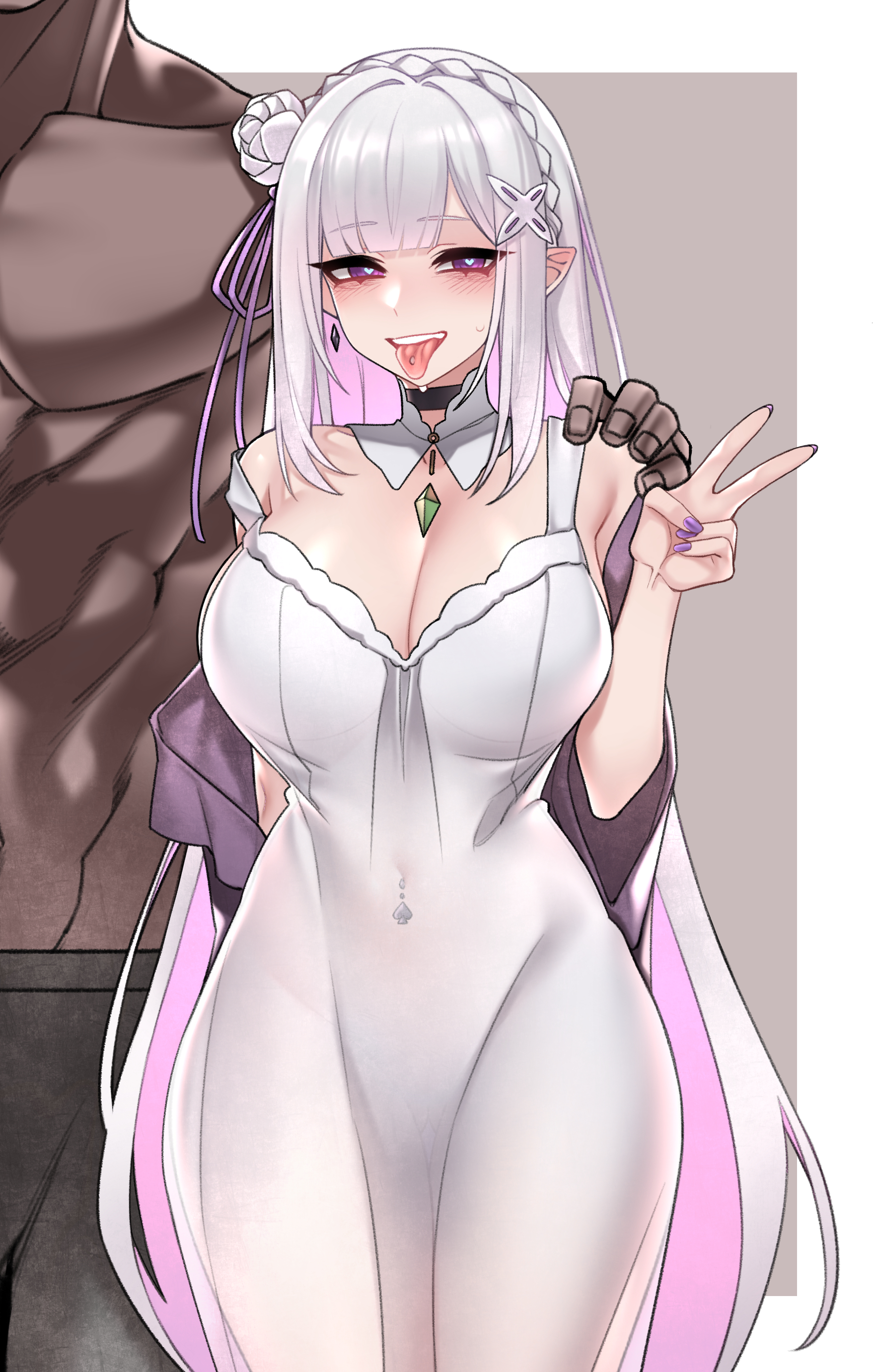 1boy, 1girl, absurdres, ass visible through thighs, black choker, blacked female, blush, braid, breasts, choker, cleavage, collar, collarbone, colored inner hair, crown braid, dark skin, dark-skinned male, detached collar, dogs (dlrkdejr26), dress, earrings, emilia (re:zero), fingernails, flower, grey background, hair flower, hair ornament, hair ribbon, hairclip, hand on another's shoulder, head out of frame, heart, heart in eye, hetero, highres, interracial, jewelry, large breasts, large variant set, long hair, looking at viewer, multicolored hair, nail polish, navel piercing, open mouth, piercing, pink eyes, pink hair, pointy ears, purple nails, purple ribbon, race fetishism, re:zero kara hajimeru isekai seikatsu, ribbon, rose, see-through clothes, see-through dress, smile, spade (shape), spade piercing, sweatdrop, symbol in eye, teeth, tongue, tongue out, tongue piercing, two-tone hair, upper teeth only, v, variant set, very long hair, white background, white collar, white dress, white flower, white hair, white rose