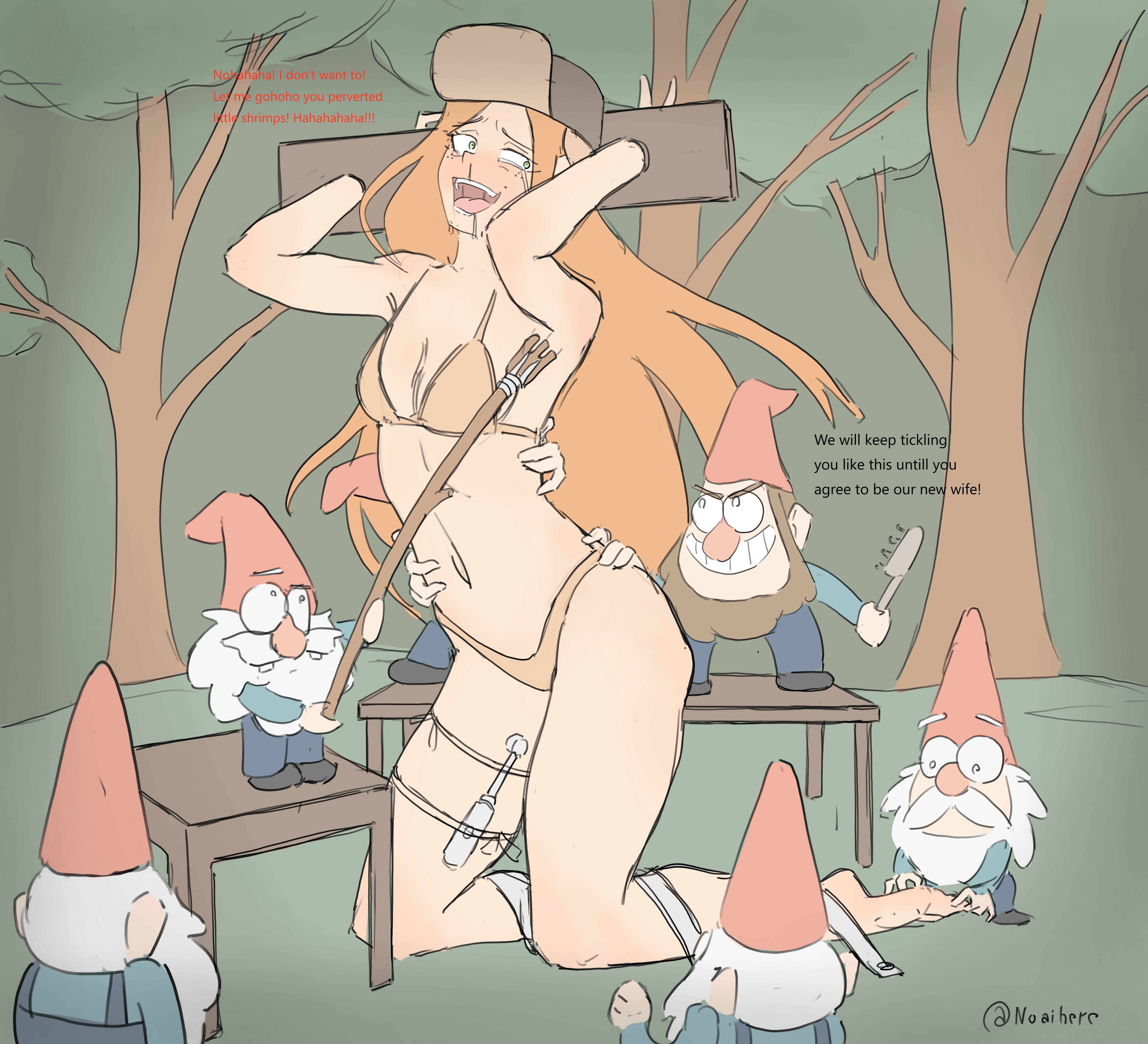 barefoot, cuffed wrists, disney channel, electric toothbrush, english text, gnome, gravity falls, hi res, high resolution, highres, in trouble, laughing, tickle torture, tickling, tickling armpits, tickling feet, tickling thighs, ticklish, underwear only, wendy corduroy