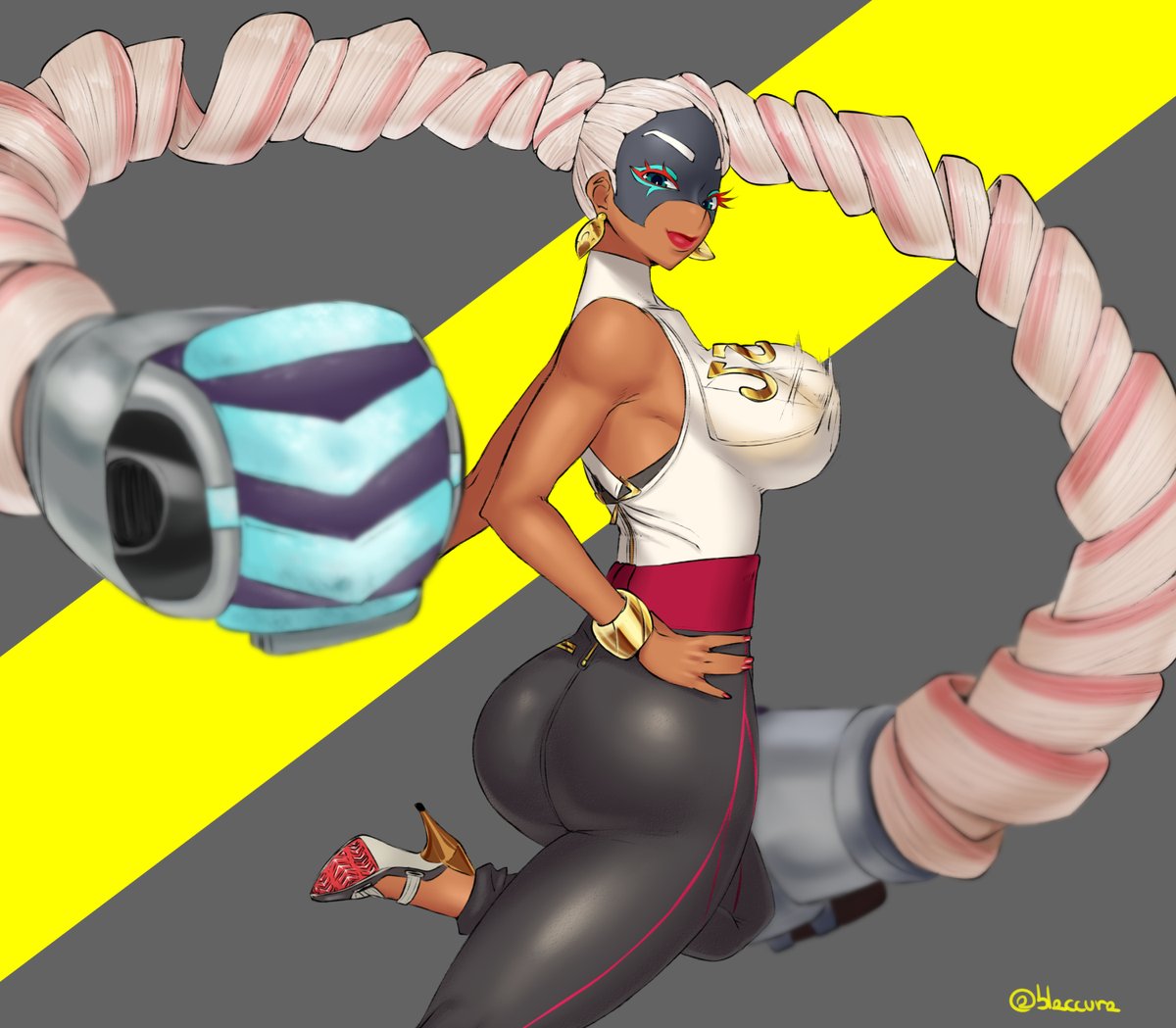 arms (game), ass, breasts, burakku-ra, dark skin, dark-skinned female, earrings, female, high heels, large breasts, mask, nintendo, solo, standing, straight hair, tight clothes, twintails, twintelle, white hair