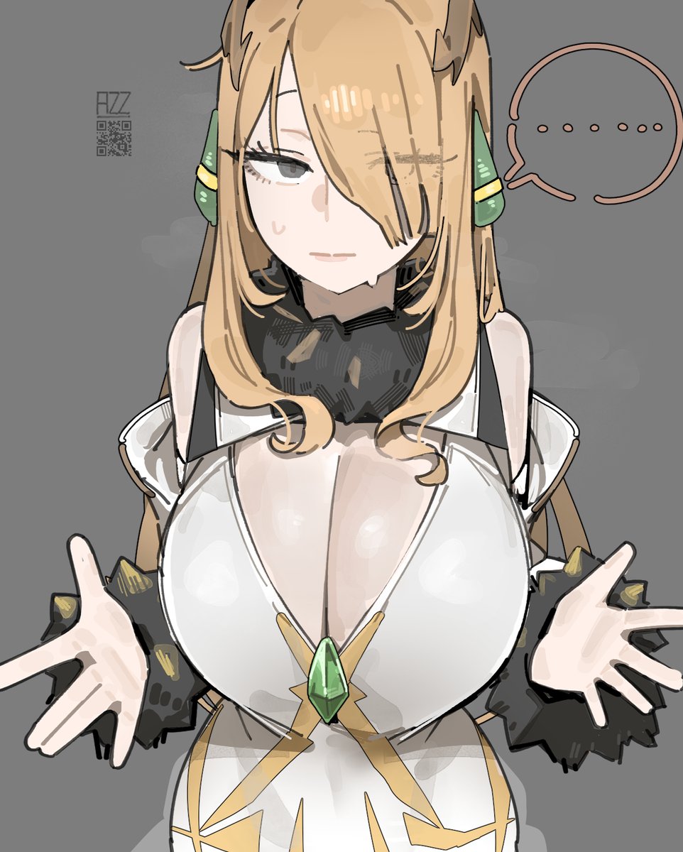 ......, 1girls, 2026, 2d, 2d (artwork), alternate costume, arc suit cynthia, artist name, azz0422, bare shoulders, big breasts, boobs, breasts, brown hair, cleavage, clothed, clothing, color, colored, cynthia (pokemon), digital media (artwork), dress, female, female only, game freak, grey background, grey eyes, hair, hair over one eye, hi res, light skin, light skinned female, long hair, looking at viewer, nintendo, official alternate costume, pokemon, pokemon dppt, pokemon masters, qr code, simple background, solo, sweat, sweatdrop, tits, upper body, video game character, video games