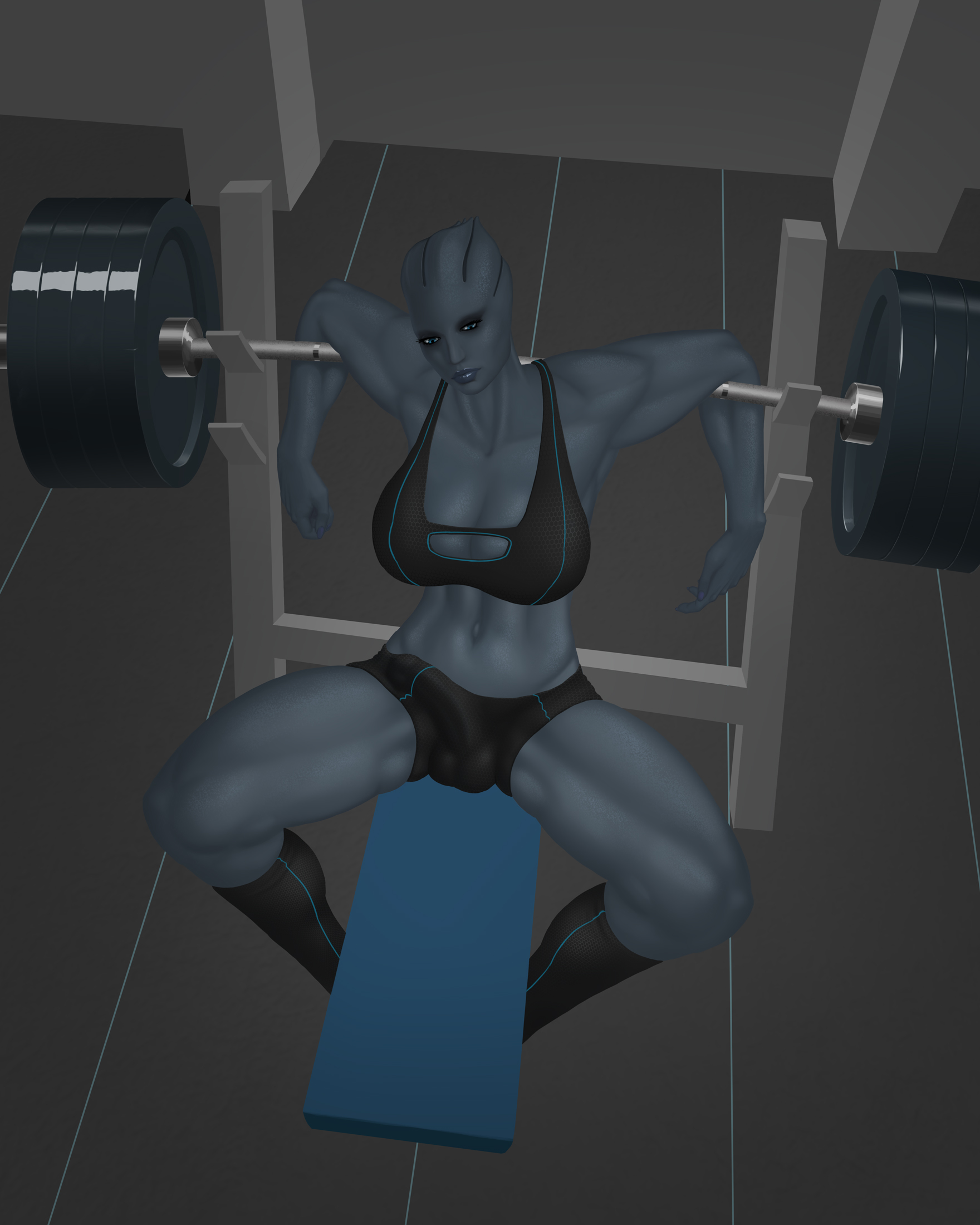 1futa, alien, asari, balls, balls bulge, balls under clothes, blue skin, breasts, bulge, cameltail, cleavage, erection, erection under clothes, futa only, futanari, gym, huge breasts, intersex, large balls, large penis, mass effect, muscular, muscular futa, nacnac, penis, penis bulge, penis under clothes, solo, tagme, tenting, weights