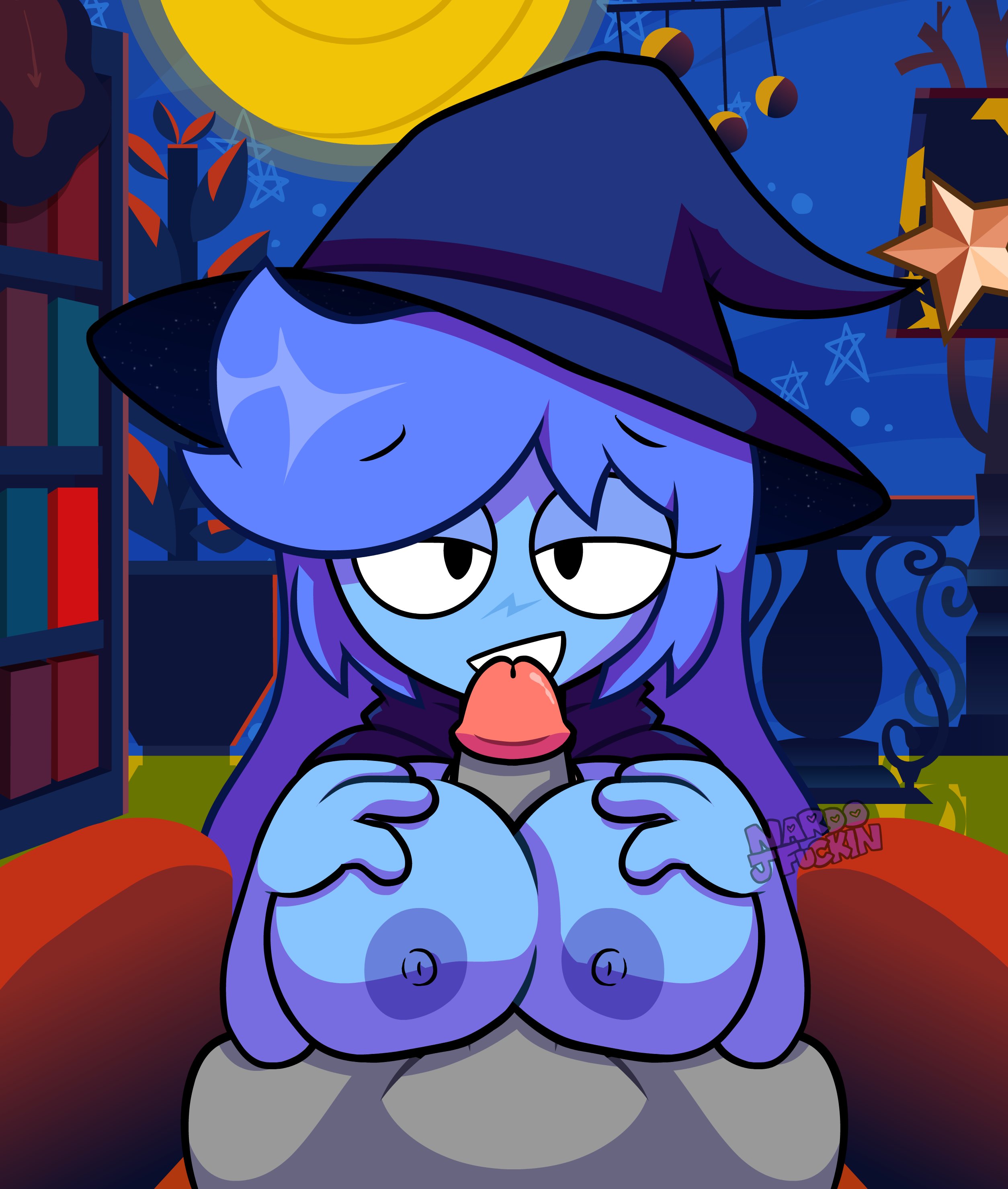 alien, areolae, battle for dream island, bedroom eyes, bfdi, blue body, blue hair, blue nipples, blue skin, bookshelf, chair, cock between breast, detailed background, dick, hands on breasts, jacknjellify, long hair, looking at viewer, nardojfuckin, night, night sky, nipples, object shows, one (bfdi), one (human), paizuri, penis between breasts, tagme, titfuck, titjob, tpot, witch hat
