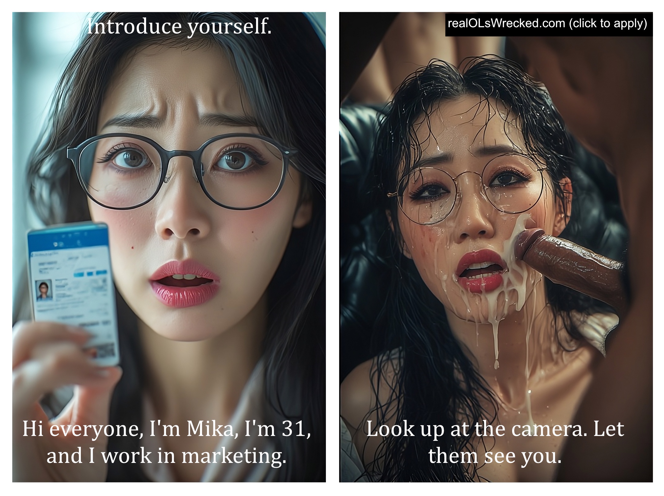 2koma, ai assisted, ai generated, all on one, before and after, before sex, bitch, black hair, business woman, cum, cum on body, cum on cheek, cum on face, dialogue, disheveled, disheveled clothing, disheveled hair, during sex, embarassed female, embarrassed, exhibitionist, eyelashes, eyeliner, eyeshadow, fellatio, fellatio gesture, female focus, filmed, fucked senseless, fucked silly, fucked stupid, gangbang, getting fucked, glasses, glasses on face, group sex, group sex implied, hardcore, hardcore sex, identity card, long black hair, looking at camera, looking at viewer, makeup running, multiple boys, multiple males, office lady, on camera, orgy, orgy sex, penis against cheek, penis against face, penis on face, pink lips, pink lipstick, porn, porn dialogue, porn star, pornography, ruined makeup, runny makeup, runny mascara, shame, subtitles, sweat, sweaty body, text, text dialogue, turned on, used, wet hair