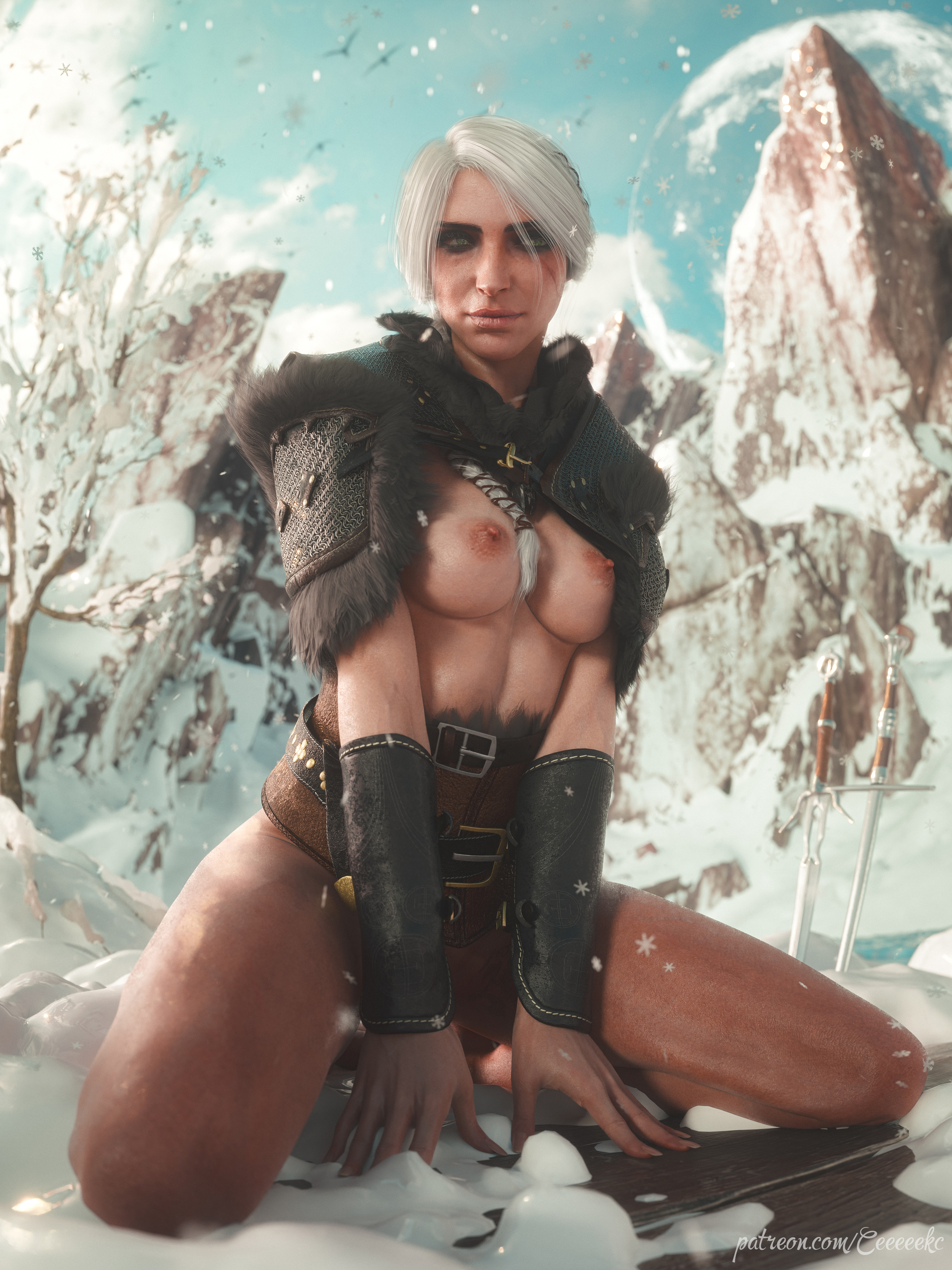 1girls, 3d, braid, breasts, cd projekt red, ceeeeekc, ciri, female, female only, freckles, freckles on face, green eyes, kovir, light skin, light-skinned female, mascara, nipples, no panties, outdoors, scar, sketch page, snow, solo, solo female, tattoo, the witcher (series), the witcher 4, white hair