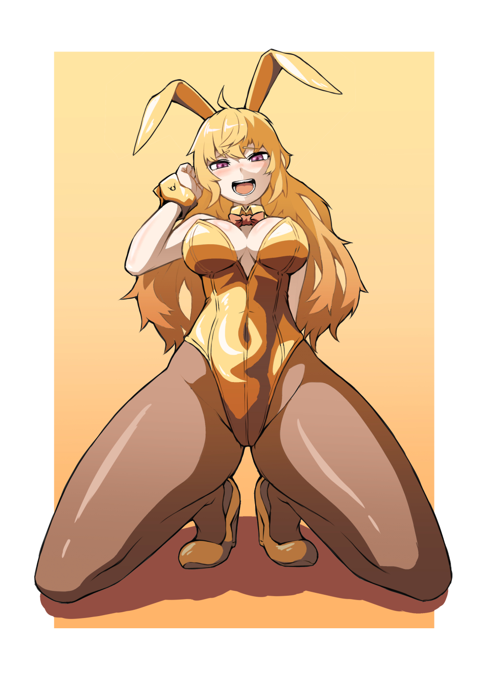 blonde female, bunny ears, bunny girl, bunnysuit, cleavage, kneeling, mori kuro, rwby, thighs, yang xiao long