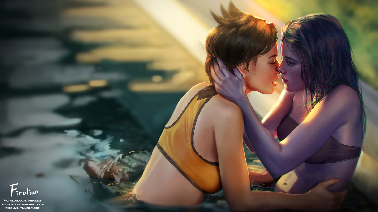 2girls, blizzard entertainment, breasts, caress, cleavage, closed eyes, female, female only, firolian, imminent kiss, looking at another, overwatch, pool, tracer, water, widowmaker, yuri