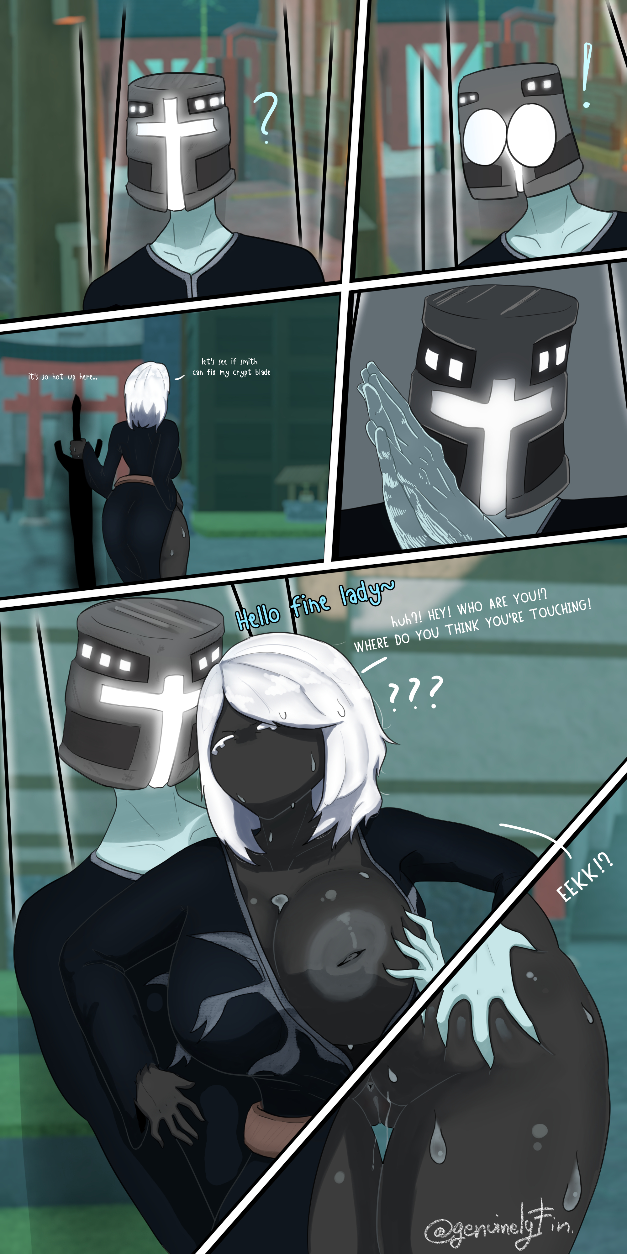 1boy, 1girls, adret (deepwoken), anus, areolae, artist name, ass, big breasts, breasts, clothing, deepwoken, dialogue, english text, ganymede (deepwoken), genuinelyfin, grabbing ass, grabbing breasts, inverted nipples, masked male, nostor (deepwoken), pussy, roblox, roblox game, robloxian, self upload, sweatdrop, sweats, tagme, text, thighs