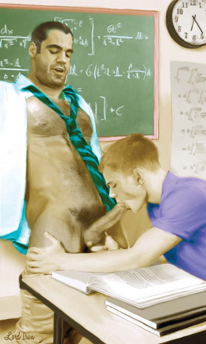 2boys, age difference, balls, blowjob, books, chalkboard, classroom, clock, cock gobble, cock hungry, copyright request, cum hungry, cupping balls, dark brown hair, desk, erect nipples, erection, exposed nipples, eyes closed, fellatio, gay, ginger hair, giving head, going down on, hairy chest, human, human only, large penis, lord iron, male, male only, mouthful, necktie, nipples, older male and younger male, older penetrating younger, open book, open shirt, oral, oral sex, pants down, pecs, penis, penis in mouth, pleasure face, purple shirt, stubble, student, sucking, sucking off, teacher, teacher and student, unprofessional behaviour, yaoi, younger dom older sub