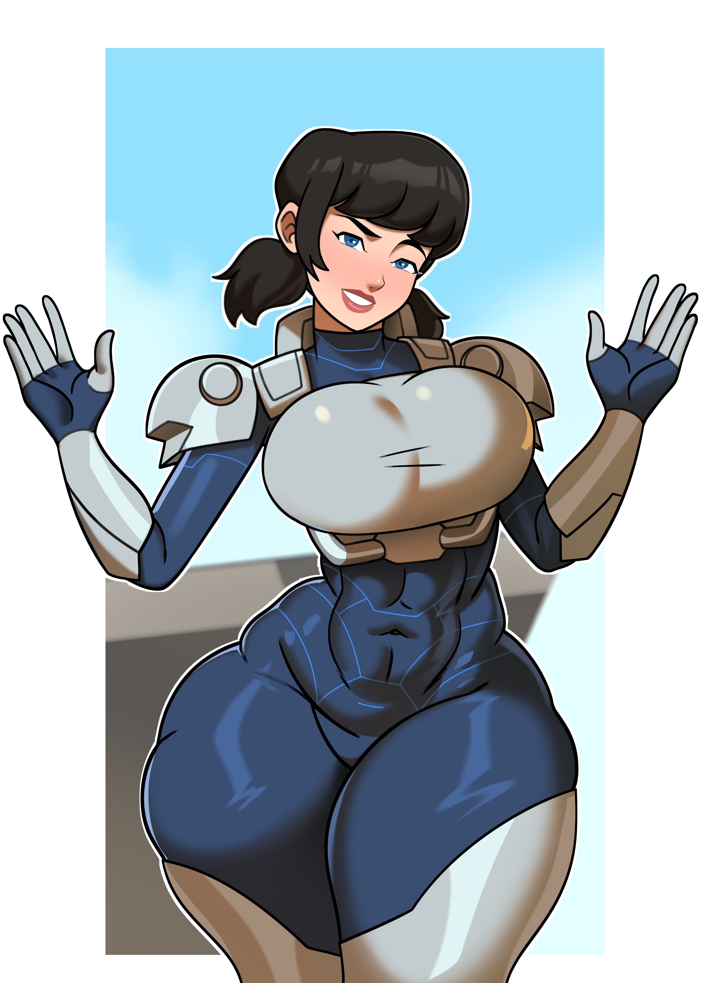 1girl, 1girls, abs, armor, armored female, badblue98, black hair, blue eyes, bodysuit, breasts, invincible, invincible (tv series), solo, tech jacket, tech jacket (zoe thompson), teenager, thick thighs, thighs
