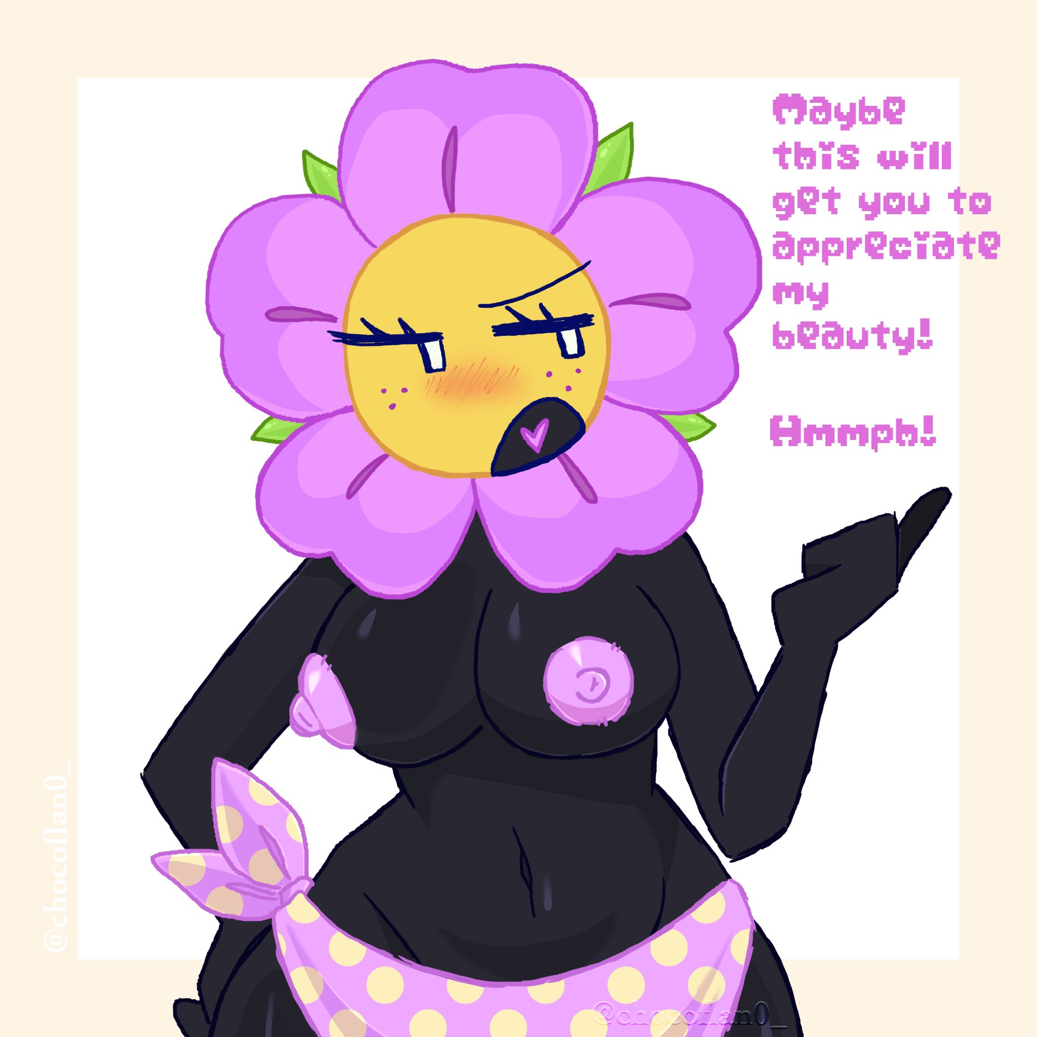 1girls, artist watermark, battle for bfb, battle for bfdi, battle for dream island, bikini bottom, black mouth, blush, blush lines, blushing at viewer, blushing female, chocoflan0, dark skin, dark skinned female, dialogue, english, english dialogue, english text, flower, flower (bfdi), flowers, freckles, freckles on face, hand on hip, heart tongue, innie belly button, jacknjellify, looking away, non-human, non-human head, non-human only, object head, object show, object show community, object shows, open mouth, pink areola, pink bikini, pink bikini bottom, pink flower, pink nipples, pointing to the side, polka dot bikini, purple freckles, sentient object, solo, solo female, solo focus, square background, tan background, tied bikini, topless, topless bikini, topless female, tsundere, watermark, white background, white eyes, white eyes female