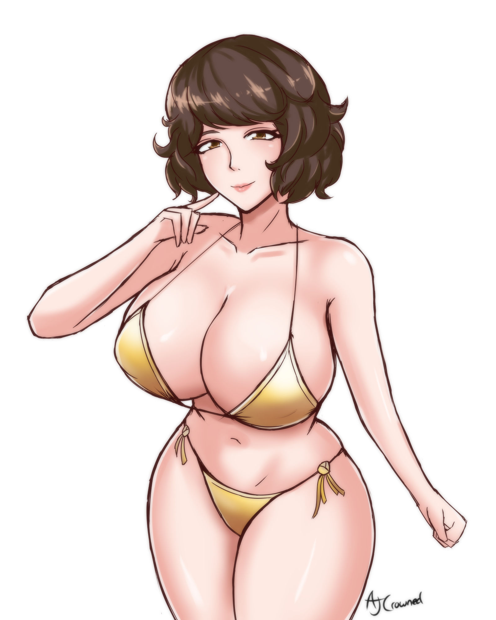 1girls, ajcrowned, big breasts, bikini, breasts, brown hair, cleavage, female, female only, gold bikini, golden bikini, golden week, huge breasts, persona, persona 5, sadayo kawakami, sega, solo