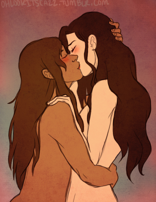 2girls, arched back, arm around partner, artist name, asami sato, ass peek, asymmetrical docking, avatar legends, avatar the last airbender, black hair, blush, breast press, breasts, breasts to breasts, brown hair, canon couple, chocolate and vanilla, closed eyes, color, completely nude, couple, dark-skinned female, embrace, female only, female protagonist, fire nation, gradient background, hair down, hand on another's head, hand on another's shoulder, hugging, imminent sex, interracial, interracial yuri, kissing, korra, light-skinned female, lipstick, long hair, love, making out, messy hair, nude, nude female, ohlookitscazz, red lipstick, romantic, romantic couple, side view, sideboob, size difference, smile, straight hair, the avatar, the legend of korra, tomboy, upper body, very long hair, water tribe, watermark, wholesome, yuri