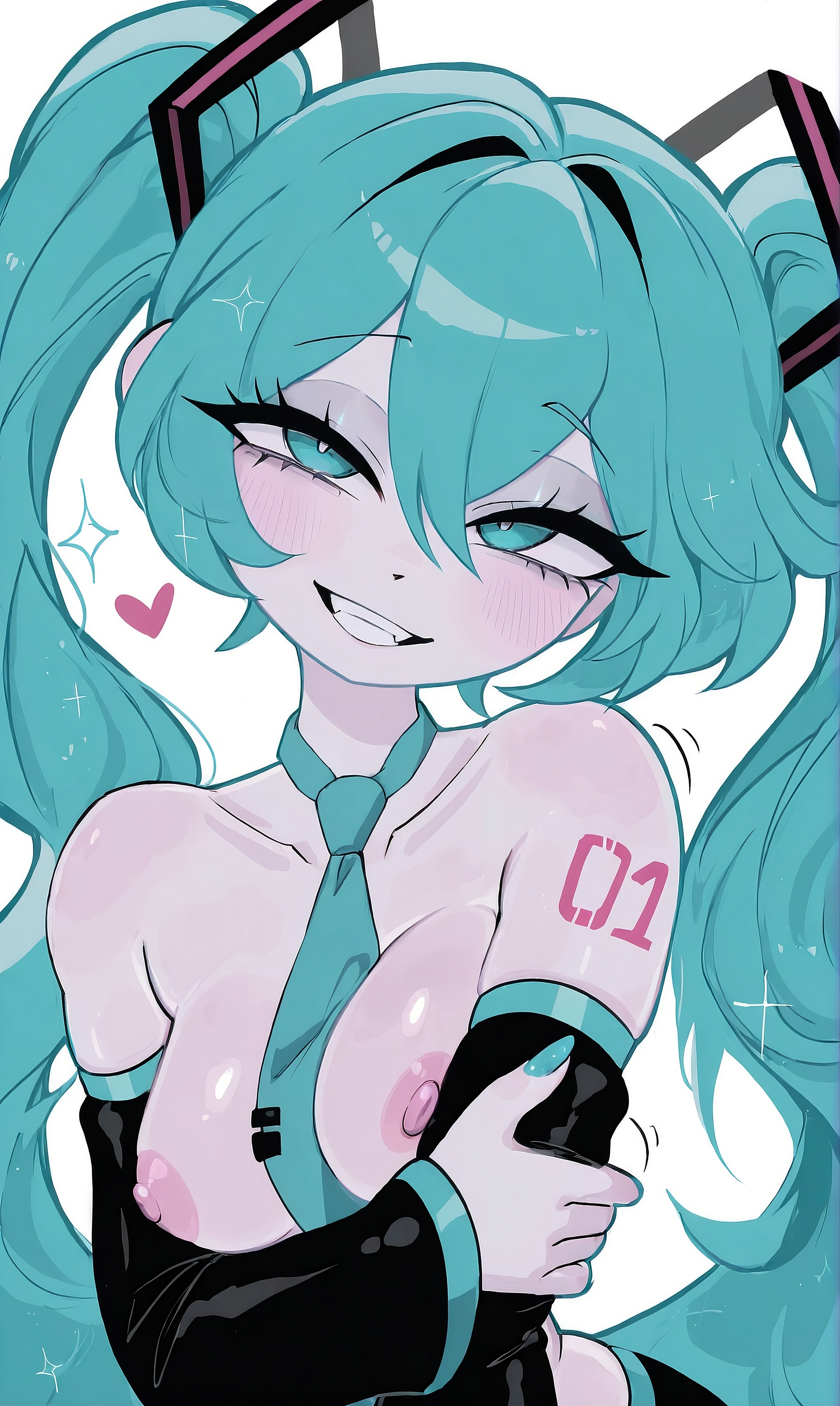 1girl, 1girls, ai, ai generated, ai-created, aqua eyes, aqua hair, aqua necktie, arm tattoo, bare shoulders, between breasts, black sleeves, blue eyes, blue fingernails, blue necktie, blush, breasts, breasts out, collarbone, crossed arms, detached sleeves, grabbing own arm, grin, hair between eyes, hair ornament, half-closed eyes, hatsune miku, head tilt, heart, hearts around head, long hair, looking at viewer, medium breasts, necktie, necktie between breasts, necktie only, nipples, seductive eyes, seductive look, seductive smile, shittyaistuff, simple background, skindentation, small breasts, smile, solo, sparkle, tattoo, teasing viewer, teeth, thick eyelashes, topless, twintails, upper body, very long hair, vocaloid, white background