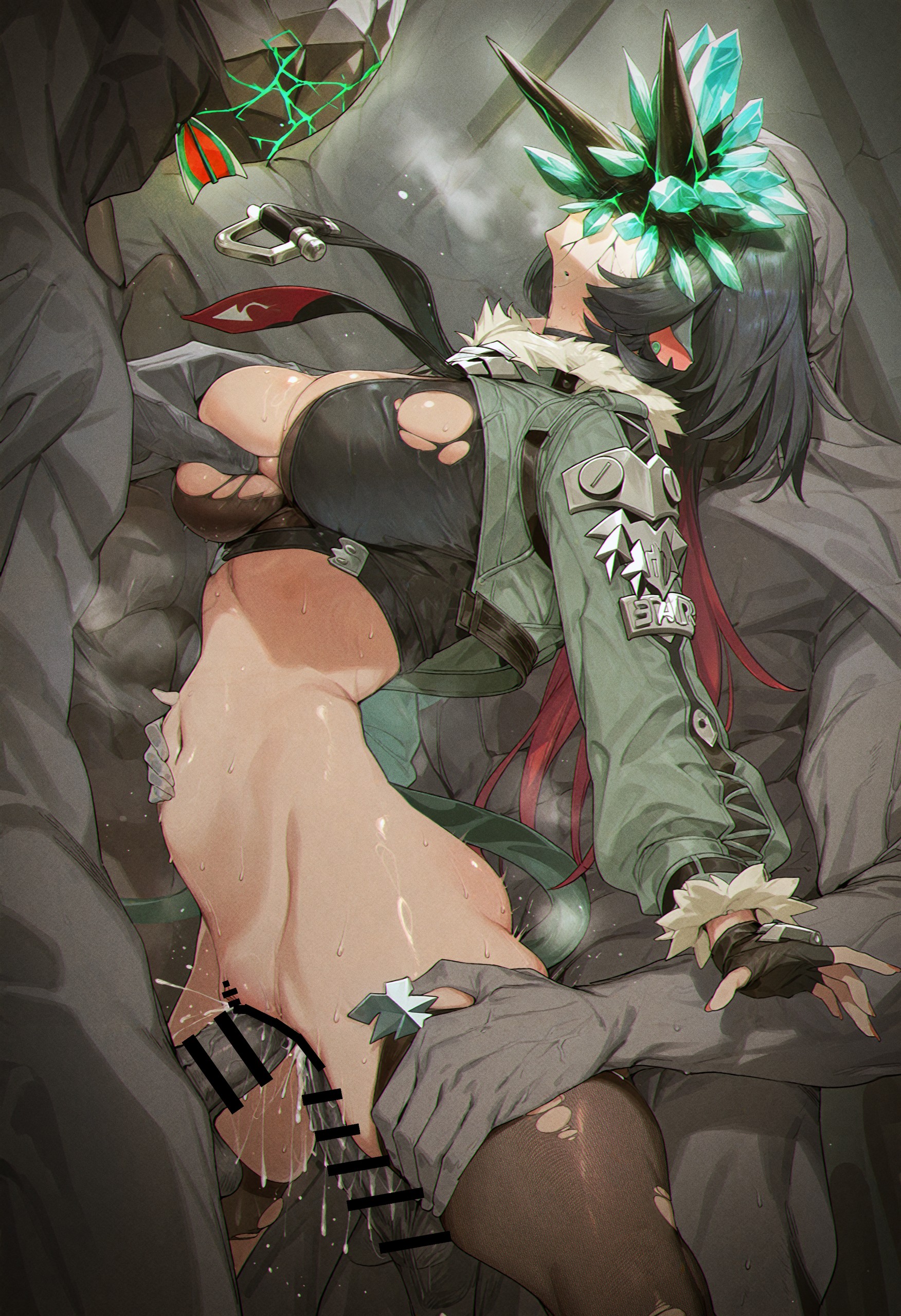 1girls, 3others, ai generated, corruption, cum, ether corruption, ethereal (zenless zone zero), ezonokami28, female, jane doe (zenless zone zero), monster, stomach bulge, tagme, tail, torn clothes, zenless zone zero