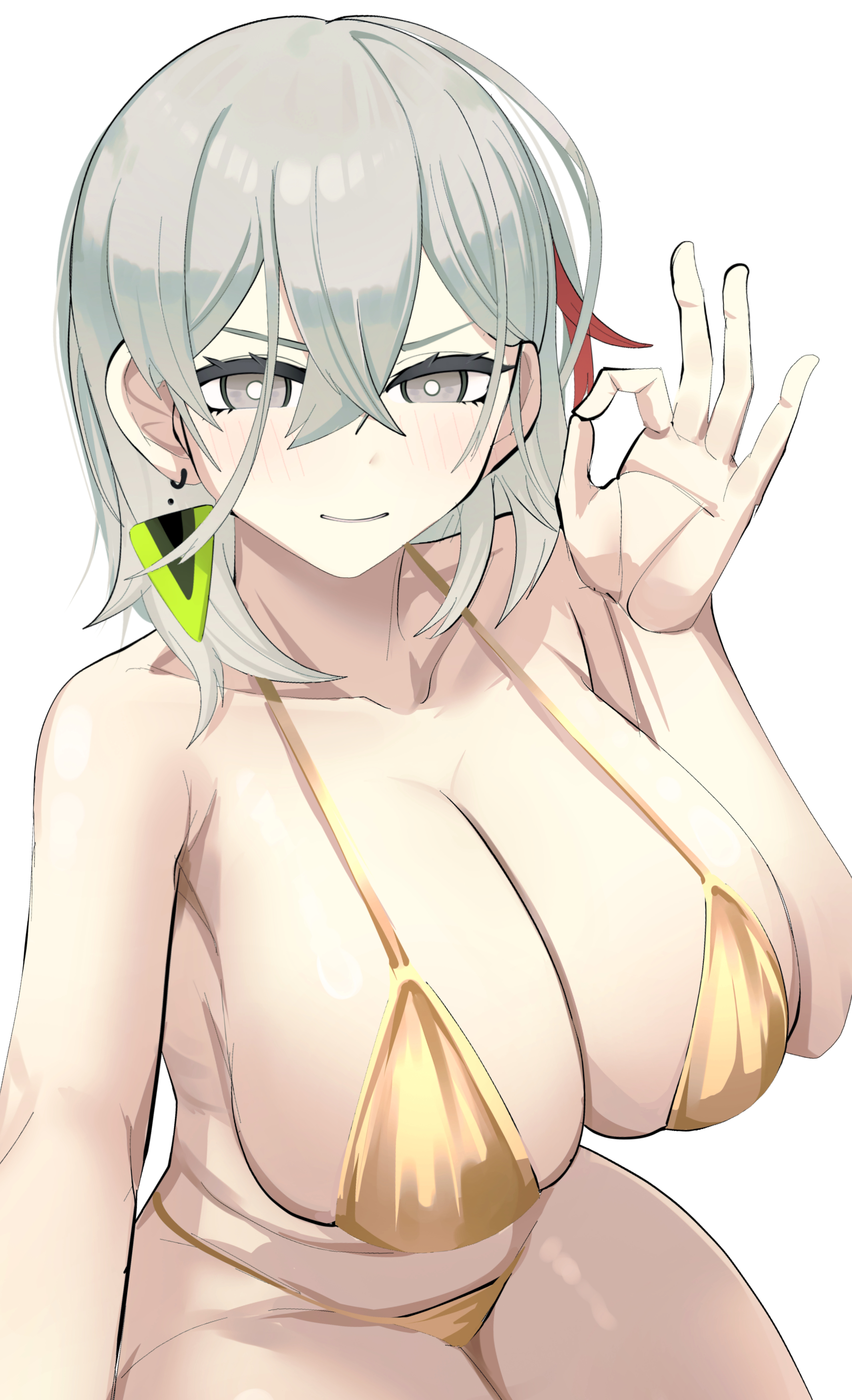 1girls, actancyaga, astellar diabellstar (sinful spoils), bikini, blush, breasts, closed mouth, diabellstar the black witch, duel monster, earrings, female, female only, hi res, konami, large breasts, looking at viewer, short hair, silver eyes, silver hair, sinful spoils (yu-gi-oh!), smile, solo, white background, yu-gi-oh!