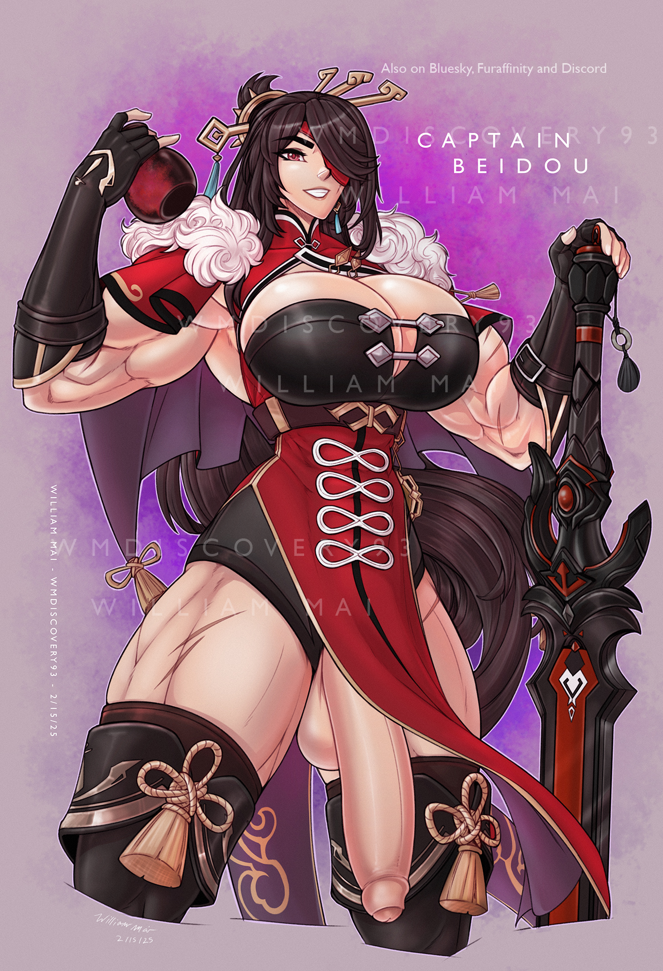 1futa, beidou (genshin impact), breasts, futanari, genshin impact, huge cock, intersex, large breasts, mihoyo, muscular, muscular futa, penis, penis to the knees, scars, solo, wmdiscovery93