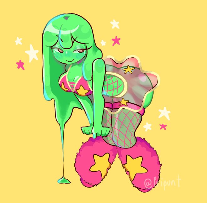 ass, big ass, big breasts, big butt, breasts, brown eyes, clothing, curvaceous, curvaceous female, curvaceous figure, curvy, curvy figure, curvy hips, female, female focus, female only, gomy (pripunt), green skin, looking at viewer, original, original character, pripunt, slime, slime girl, thick thighs, thigh highs