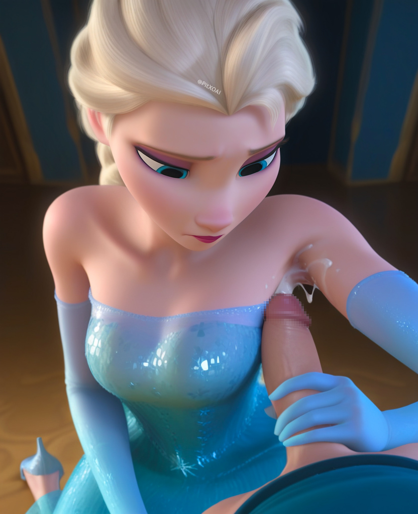 1boy 1boy1girl 1girls 3d accurate_art_style ai_generated armpit_fetish armpit_sex armpits bare_shoulders blonde_hair blue_eyes censored cum cum_on_armpit cum_string disney dress elbow_gloves elsa_(frozen) eyeshadow female frozen_(film) gloves handjob high_heels kneeling lipstick long_hair looking_down makeup male mosaic_censoring penis pitxoai single_braid watermark worried