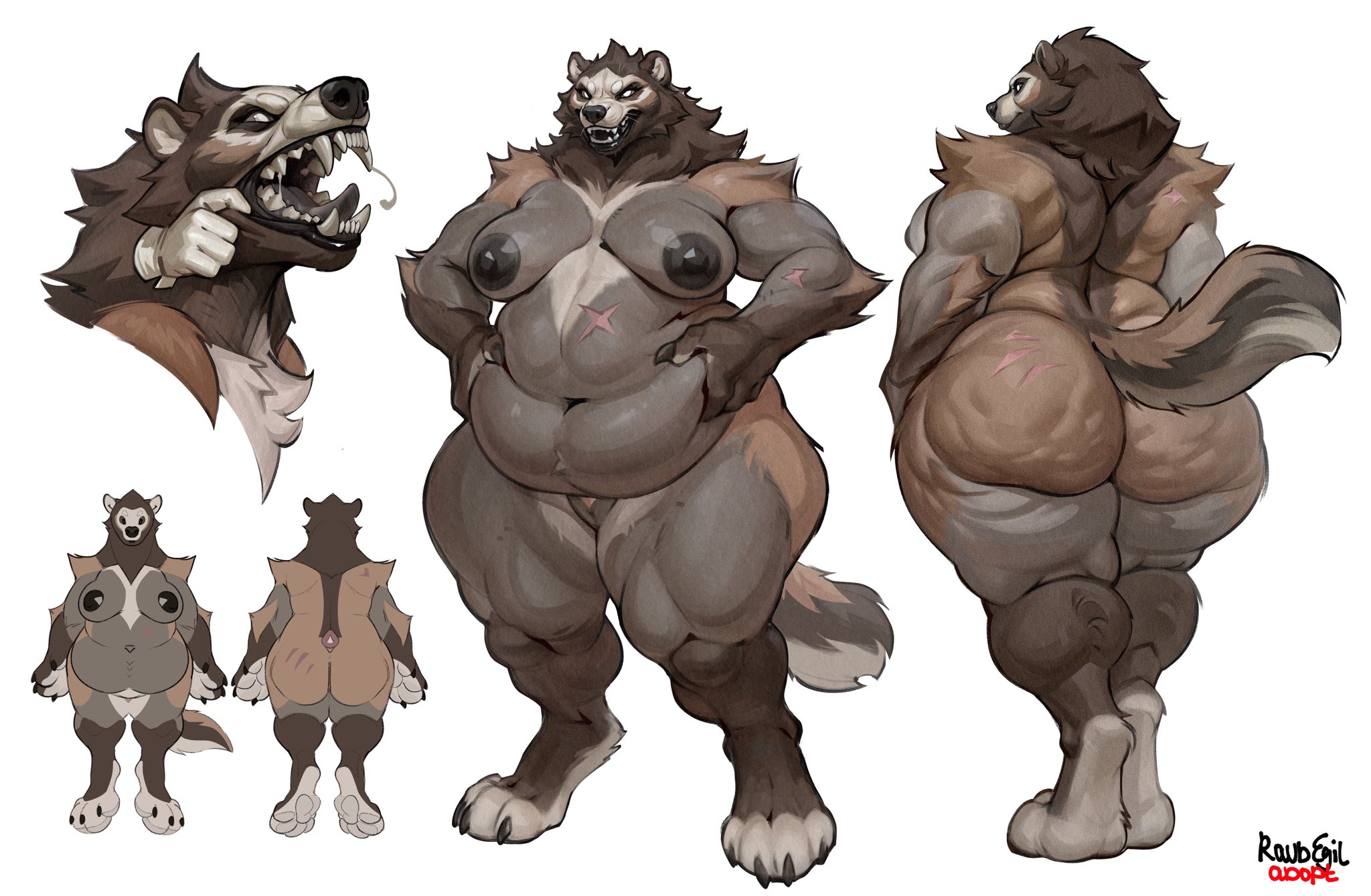 anthro, areola, ass, back fat, back rolls, badger, belly, big areola, big ass, big breasts, big butt, black areola, black nipples, black nose, breasts, cellulite, digitigrade, fat rolls, female, hi res, huge ass, huge butt, huge hips, huge thighs, mammal, mustelid, musteline, nipples, nude, overweight, overweight anthro, overweight female, paws, raudegil, scar, sharp teeth, solo, teeth, thick thighs, wide hips