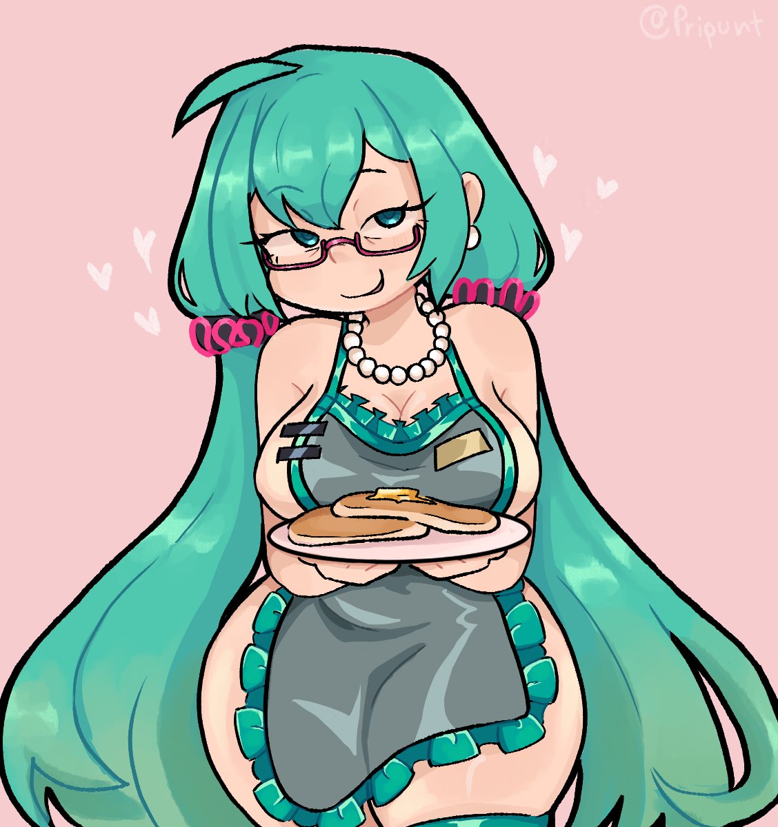 1girl, ahoge, apron, aqua hair, big breasts, big thighs, big titties, blue eyes, borrowed character, breasts, cleavage, covered nipples, cowboy shot, curvaceous, curvaceous female, curvaceous figure, curvy, curvy figure, curvy hips, earrings, female, female focus, female only, food, frills, glasses, green hair, hair ornament, hatsune miku, hatsune milf-ku, heart, holding, jewelry, large breasts, long hair, looking at viewer, naked apron, necklace, nude, nude female, pancake, pearl necklace, pink background, pink-framed eyewear, plate, pripunt, scrunchie, semi-rimless eyewear, sideboob, simple background, smile, solo, thighhighs, twintails, twitter username, under-rim eyewear, very long hair, vocaloid, wide hips