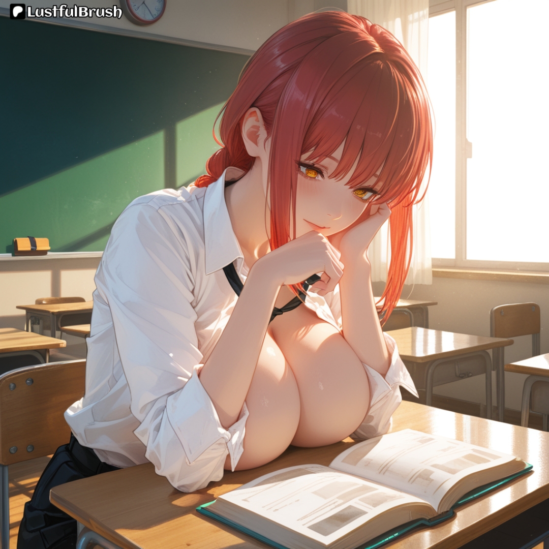 ai generated, ass, breast focus, breasts, breasts out, chainsaw man, cleavage, female, female only, huge breasts, lustfulbrush, makima (chainsaw man), round ass, school uniform, schoolgirl, soft breasts, thick thighs