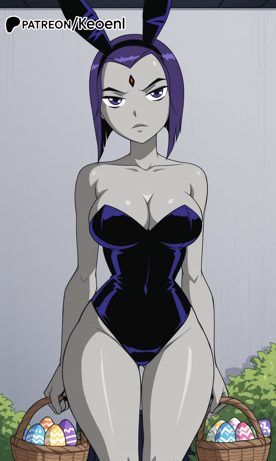 1girls, ai generated, breasts, bunny costume, bunny ears, bunny girl, bunnysuit, dc, dc comics, easter, easter egg, fake animal ears, fake rabbit ears, female, female only, hairy pussy, hi res, keoenl, large breasts, leotard, looking at viewer, outdoors, patreon, patreon username, purple eyes, purple hair, pussy, rachel roth, raven (dc), short hair, solo, teen titans, thick thighs, tight clothing, vagina, vulva, wide hips