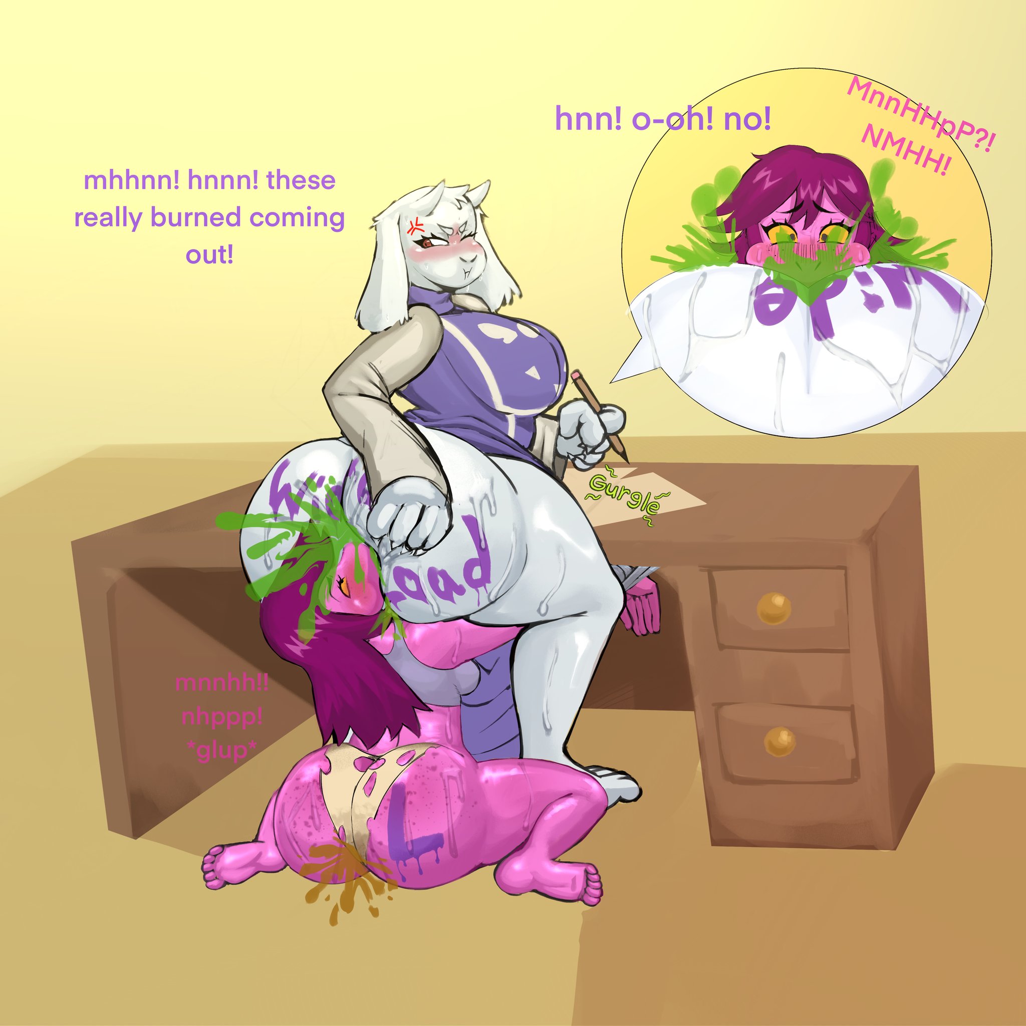 2girls, all the way through fart, ass, ass bigger than head, ass focus, bigger dom, bigger dom smaller sub, bigger female, blush, bottomless, bra, breasts, chubby, chubby female, deltarune, desk, desktop, dominant, dripping, dripping sweat, exposed, exposed ass, face in ass, facesitting, facesitting custom seat, facesitting female, fart, fart cloud, fart everywhere, fart fetish, fart slave, farting, farting in face, farting in mouth, farting on another, farting on face, farting on prey, farts, feet, female, forced, forced chair, forced facesitting, furry, goat, goat girl, goopy234, heavy blush, human chair, massive ass, massive breasts, milf, mommy, muffled, oiled, oiled body, orange eyes, overweight, panties, pink hair, pink skin, punishment, ripped clothing, ripped pants, ripped pantyhose, sitting, sitting on another, sitting on chair, sitting on person, slave, sniffing, sniffing ass, sniffing farts, sports bra, susie (deltarune), sweat, sweatdrop, sweating, sweaty, sweaty ass, sweaty body, sweaty butt, thick thighs, tied hair, tied to chair, tied up, toes scrunch, toriel, turtleneck, undertale, undertale (series), white fur, white hair, wide hips, writing on ass, writing on body, writing on butt