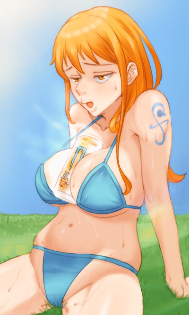 1girls, adult, adult female, arm tattoo, bare arms, bare belly, bare chest, bare hands, bare hips, bare legs, bare midriff, bare navel, bare shoulders, bare skin, bare thighs, belly, belly button, between breasts, beverage, big breasts, bikini, bikini bottom, bikini only, bikini top, blue background, blue bikini, blue bikini bottom, blue bikini top, blue sky, blue string bikini, blue swimsuit, blue swimwear, bra, breasts, busty, busty female, clothing, collarbone, day, daylight, daytime, drink, exposed arms, exposed belly, exposed chest, exposed hips, exposed legs, exposed midriff, exposed navel, exposed shoulders, exposed skin, exposed thighs, female, female focus, female only, futz 11, grass, groin, halterneck, high resolution, highres, large breasts, lean figure, long hair, mature, mature female, midriff, monster energy, monster energy drink, nami, nami (one piece), narrow waist, navel, object between breasts, one piece, orange eyebrows, orange eyes, orange hair, orange-eyed female, orange-haired female, outdoor, outdoors, outside, shoulders, sitting, sitting on ass, sitting on floor, sitting on ground, sky, slender body, slender waist, slim waist, solo, string bikini, sweat, sweatdrop, sweating, sweaty, sweaty body, sweaty breasts, sweaty legs, sweaty thighs, swimsuit, swimwear, tattoo, tattoo on arm, tattooed arm, thick thighs, thighs, thong, upper body