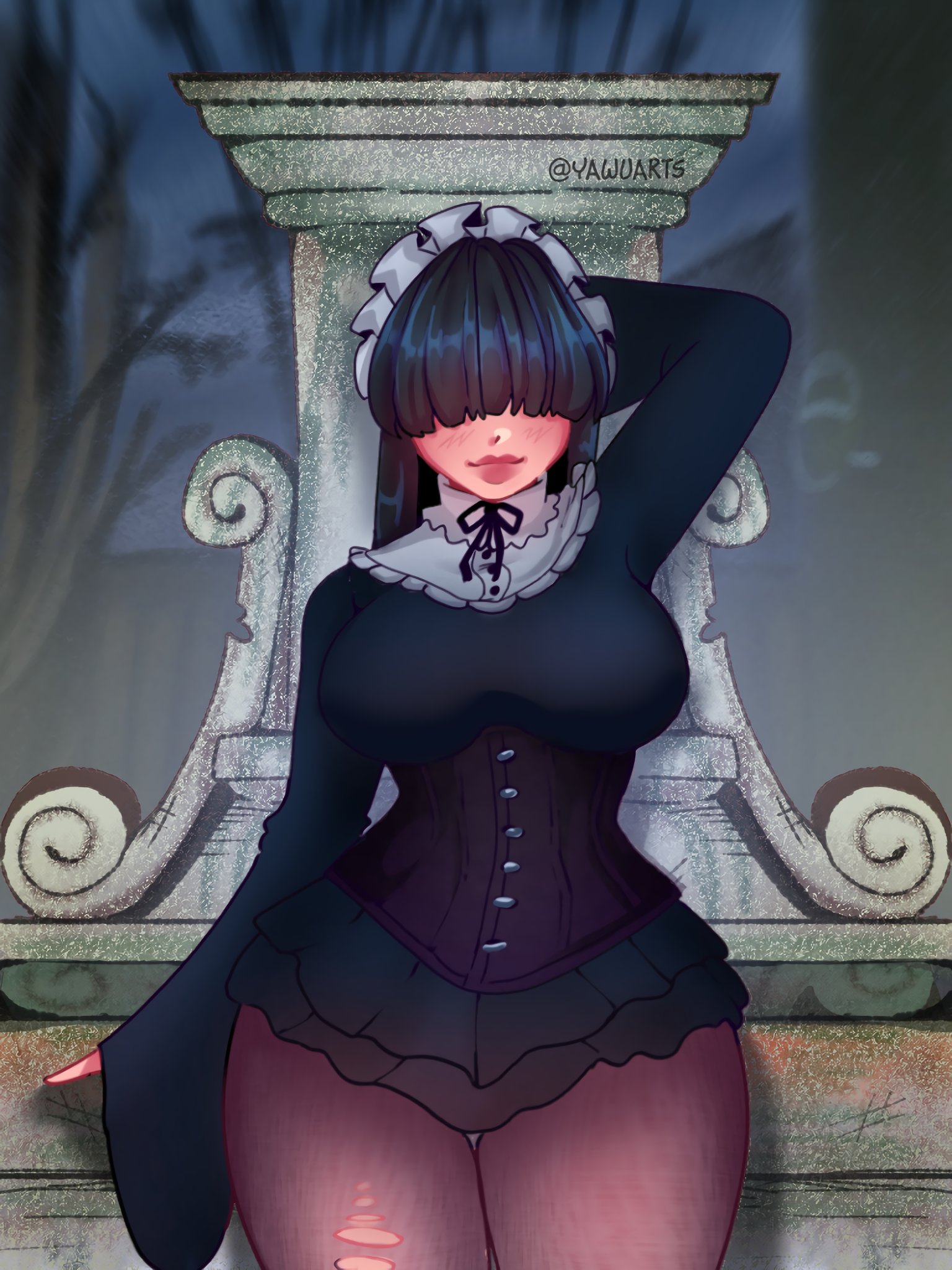 big breasts, big thighs, big titties, black hair, breasts, clothing, curvaceous, curvaceous female, curvaceous figure, curvy, curvy figure, curvy hips, emo, female, female focus, female only, fully clothed, goth, goth girl, long hair, original, original character, yawuarts
