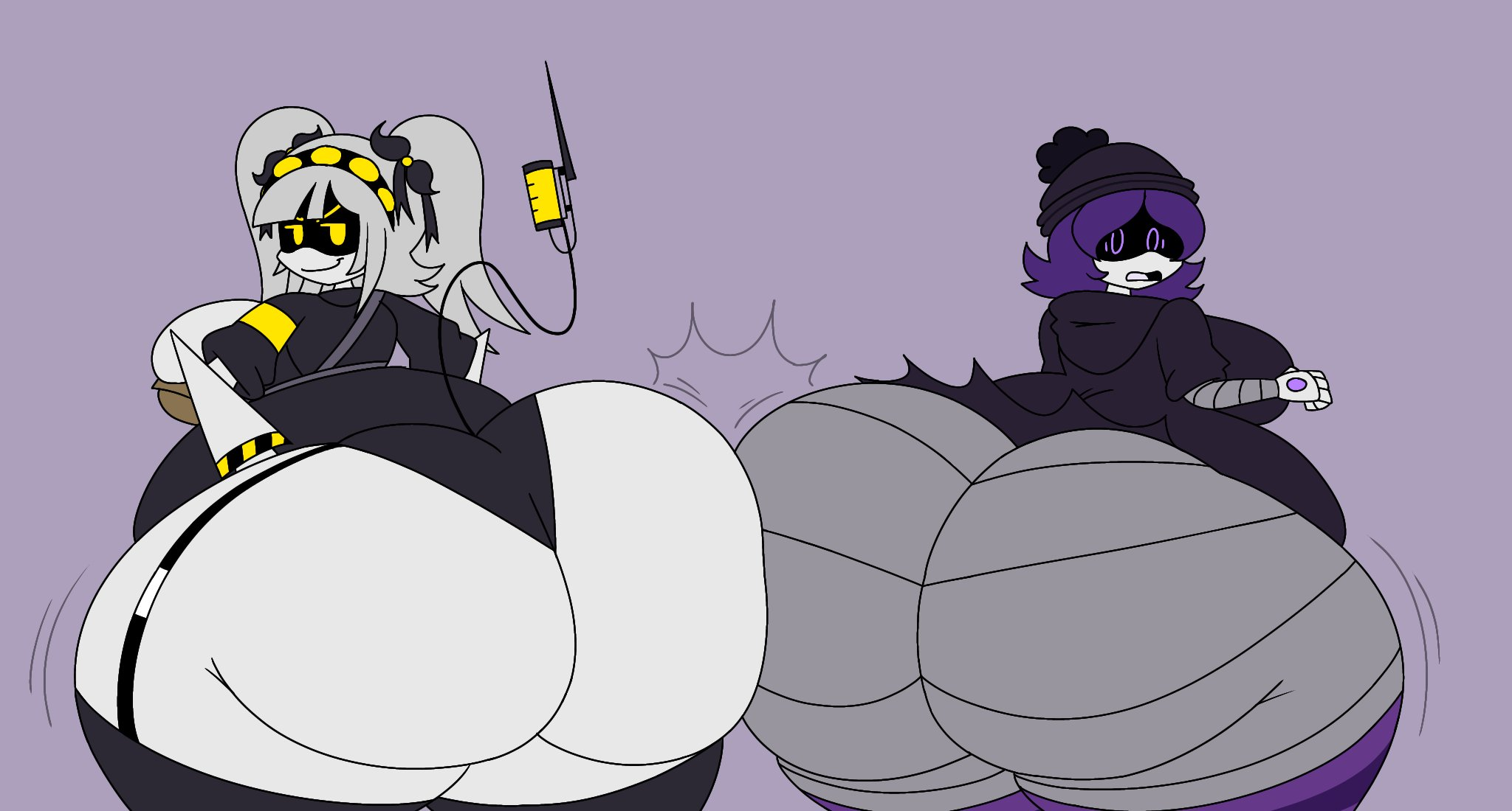 2girls, ass, ass bigger than breasts, ass bigger than head, ass focus, ass to ass, beanie hat, big ass, big breasts, big butt, black clothing, black ribbon, breasts, disassembly drone, fat ass, female, female only, garter straps, glitch productions, hoodie, huge ass, hyper, hyper ass, j (murder drones), large ass, large breasts, long hair, metallic body, murder drone, murder drones, open mouth, purple eyes, purple hair, robot, robot girl, robot humanoid, robotic arm, round ass, screen eyes, secretgooble, short hair, smug face, solid color background, surprised, surprised expression, tail, twintails, uniform, uzi (murder drones), white hair, worker drone, yellow eyes