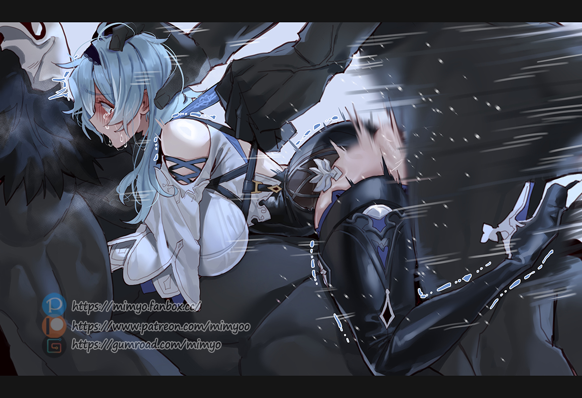 1girls, 2boys, anal, anal sex, ass, black leotard, black thighhighs, blue hair, blush, breasts, captured, clothed sex, crying, defeat rape, defeat sex, defeated heroine, double penetration, eula (genshin impact), fanbox reward, female, forced, genshin impact, grabbing head, group rape, group sex, head grab, heroine in trouble, high heels, hilichurls (species), interspecies, large breasts, leotard, male, mimyo, mitachurl, multiple males, patreon, penetration, pussy, rape, sandwiched, sex, size difference, tears, thighhighs, vaginal penetration, vaginal sex