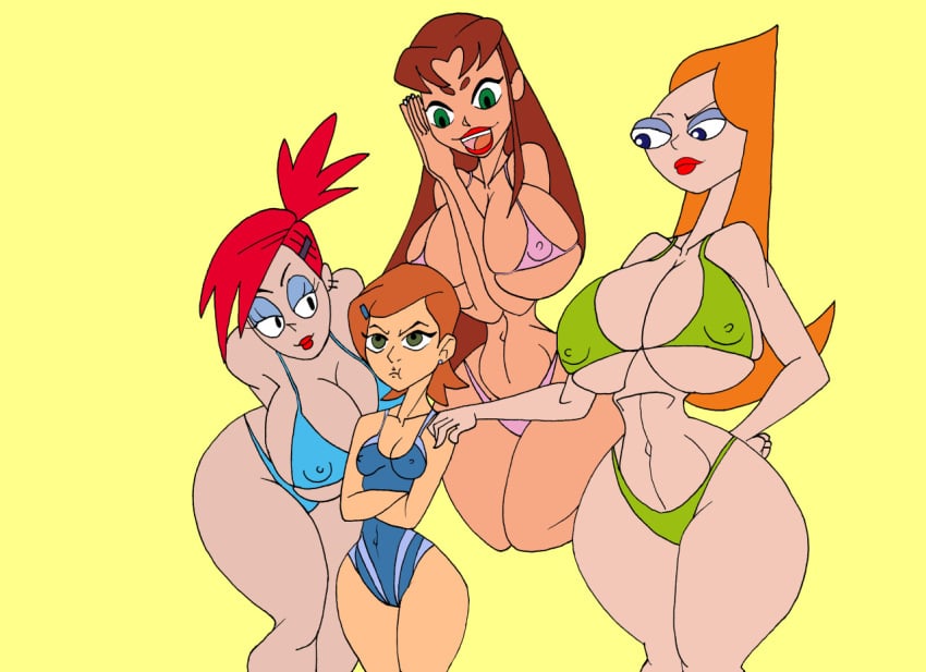 4girls, alternate breast size, arms crossed, ass, ben 10, ben 10 (classic), big ass, bikini, breast envy, breasts, candace flynn, crossed arms, crossover, curvy, dc, dc comics, envy, female, female only, foster's home for imaginary friends, frankie foster, gwen tennyson, gwen tennyson (classic), huge breasts, light skin, light-skinned female, lipstick, multiple females, multiple girls, nipple piercing, nipples, one-piece swimsuit, orange hair, phineas and ferb, piercing, pout, red lipstick, simple background, small breasts, starfire, swimsuit, teen titans, yellow background
