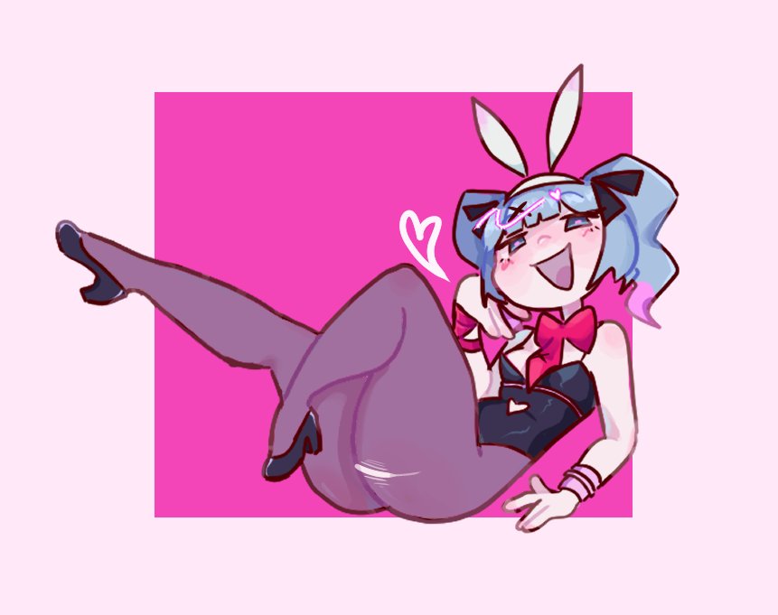 1girl, animal ears, ass, bangs, big ass, big butt, big thighs, black footwear, black leotard, blue eyes, blue hair, bow, bowtie, breasts, bunny ears, bunny girl, bunny girl suit, bunnysuit, clothing cutout, curvaceous, curvaceous female, curvaceous figure, curvy, curvy figure, curvy hips, fake animal ears, female, female focus, female only, hatsune miku, heart, high heels, leotard, looking at viewer, open mouth, pantyhose, pink bow, playboy bunny, pripunt, rabbit ears, rabbit hole (vocaloid), ribbon, short hair, smile, solo, twintails, virtual youtuber, vocaloid, wrist cuffs