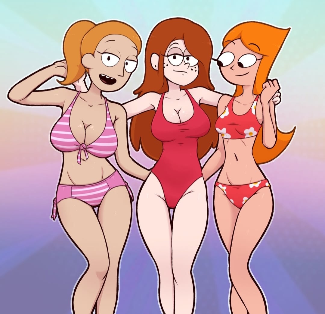 3girls, bikini, candace flynn, crossover, female, female only, ginger, ginger female, ginger hair, gravity falls, one-piece swimsuit, phineas and ferb, red hair, red one-piece swimsuit, redhead, redhead female, rick and morty, summer smith, swimsuit, wendy corduroy