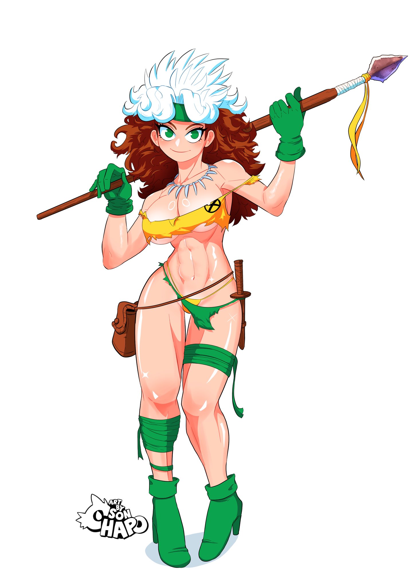 anna marie, athletic female, breasts, brown hair, female, female only, fit female, gloves, green eyes, high heels, jungle girl, large breasts, long hair, marvel, marvel comics, multicolored hair, rogue (savage land), rogue (x-men), savage land, sonchapo, tooth necklace, voluptuous, white hair, x-men