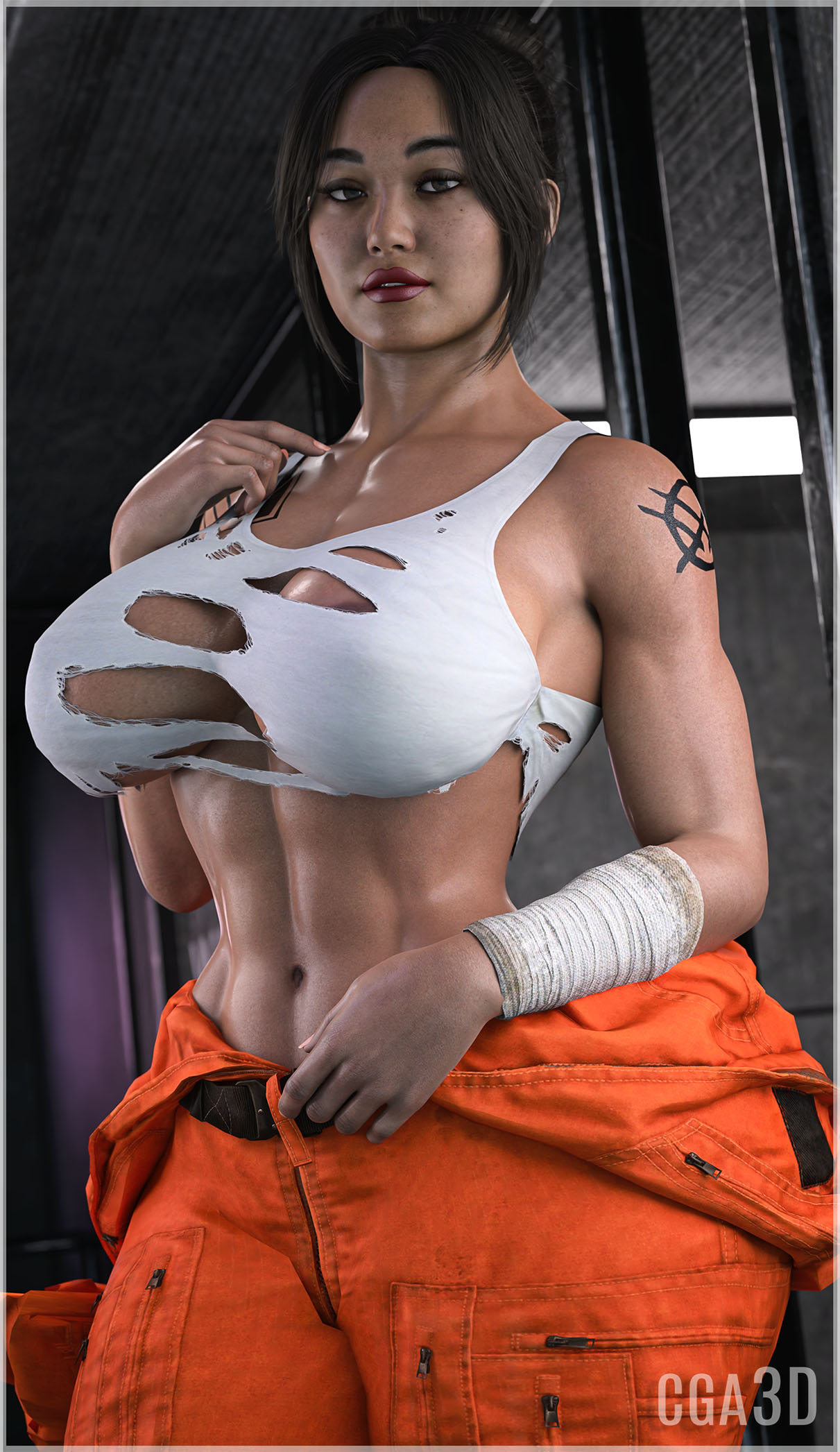 1girls, 3d, 3d (artwork), asian, asian female, athletic, athletic female, bangs, big breasts, breasts, cga3d, dani nakamura, erotichris, female, female focus, female only, hair bangs, karen fukuhara, light skin, light-skinned female, looking at viewer, midriff, muscular, muscular female, realistic, the callisto protocol, toned, toned female, torn clothes, torn clothing