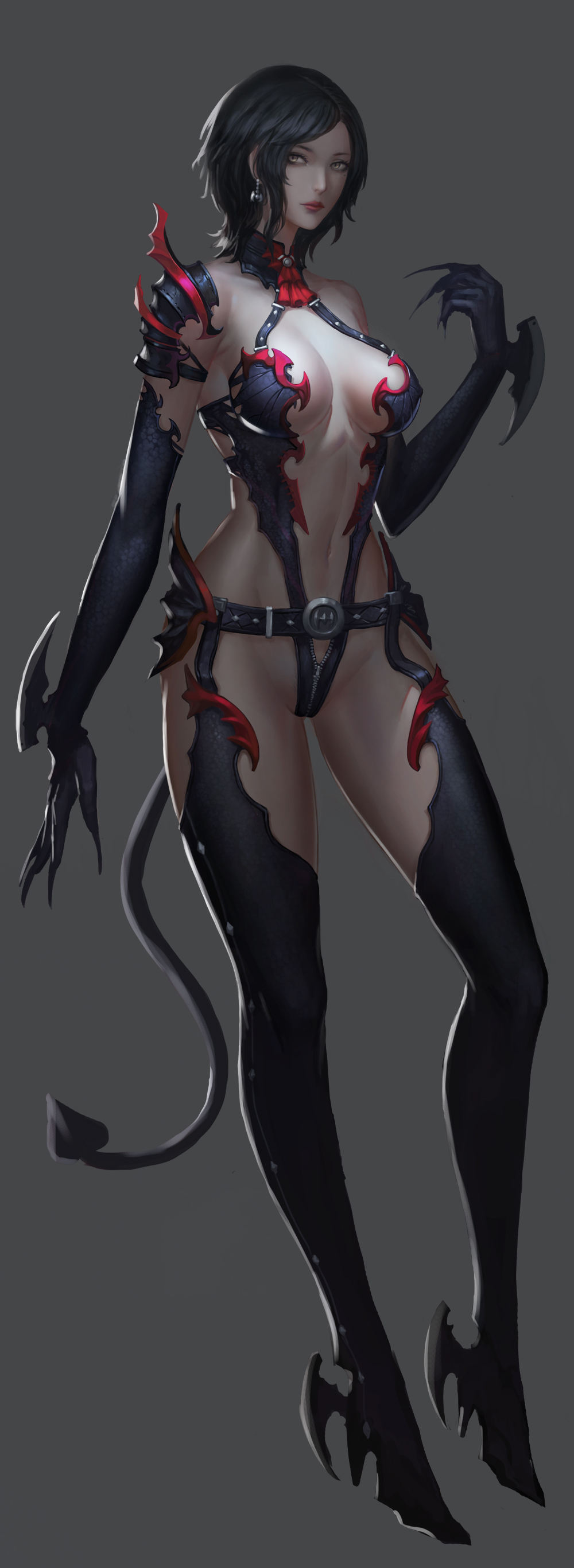 1girls belt black_hair demon_tail earrings female female_only gloves grey_background navel original short_hair sling_bikini solo youyi