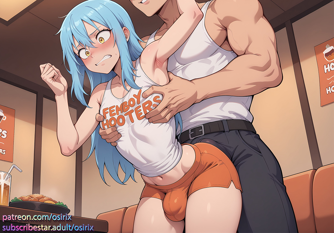 ai generated, blue hair, blush, bulge, embarrassed, femboy, femboy focus, femboy hooters, groped, groped from behind, groping, groping from behind, hooters, hooters uniform, male, male only, nervous, osirix, rimuru tempest, short shorts, shorts, skinny male, stable diffusion, tank top, tensei shitara slime datta ken, yellow eyes