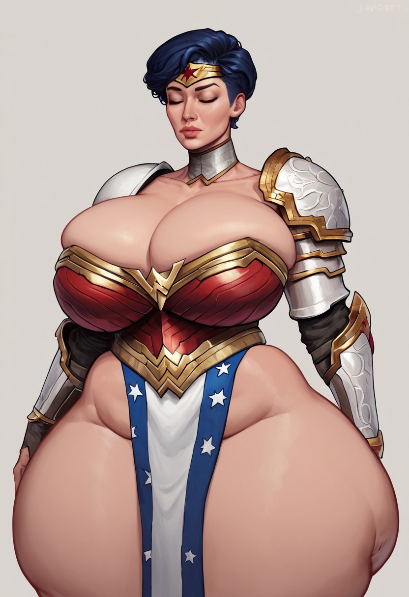 1girls, ai generated, alternate body type, alternate thigh size, armour, ass, big ass, big breasts, big lips, black hair, breasts, chubby hips, closed eyes, dc, dc comics, diana prince, female, female only, gigantic ass, gigantic thighs, hyper thighs, niduscharger, short hair, thick thighs, wide hips, wonder woman, wonder woman (series)