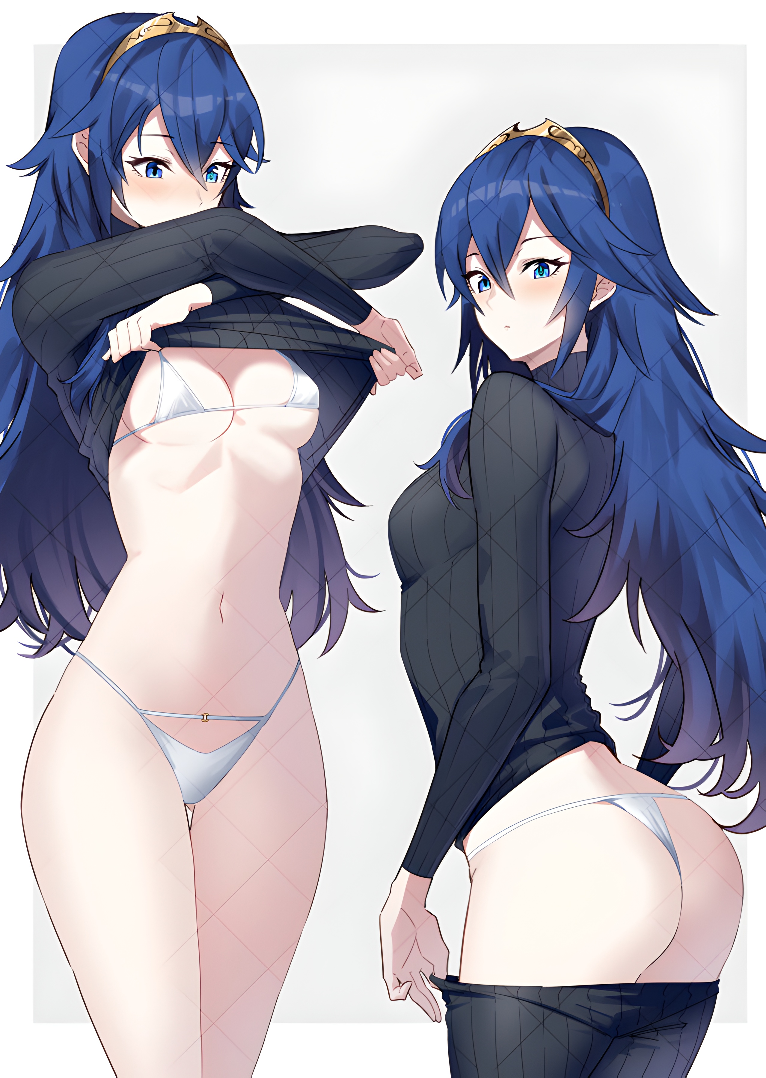 1girls, ameno (a meno0), ass, blue eyes, blue hair, brand of the exalt, breasts, female, fire emblem, fire emblem awakening, looking at viewer, lucina (fire emblem), nintendo, small breasts, symbol-shaped pupils, thighs, thong, tiara, underwear, undressing, white thong, white underwear