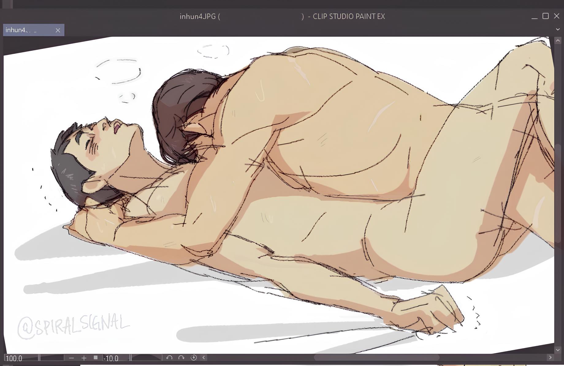 anal, anal sex, between legs, black hair, blush, brown hair, closed eyes, embrace, head on chest, hwang in-ho, legs apart, legs up, light skin, light-skinned male, male, male only, male/male, missionary position, moaning, naked, naked male, no visible genitalia, open mouth, panting, seong gi-hun, sheet grab, sheets, short hair, side view, sketch, spiralsignal, squid game, sweatdrop, sweating, trembling, upscaled, yaoi