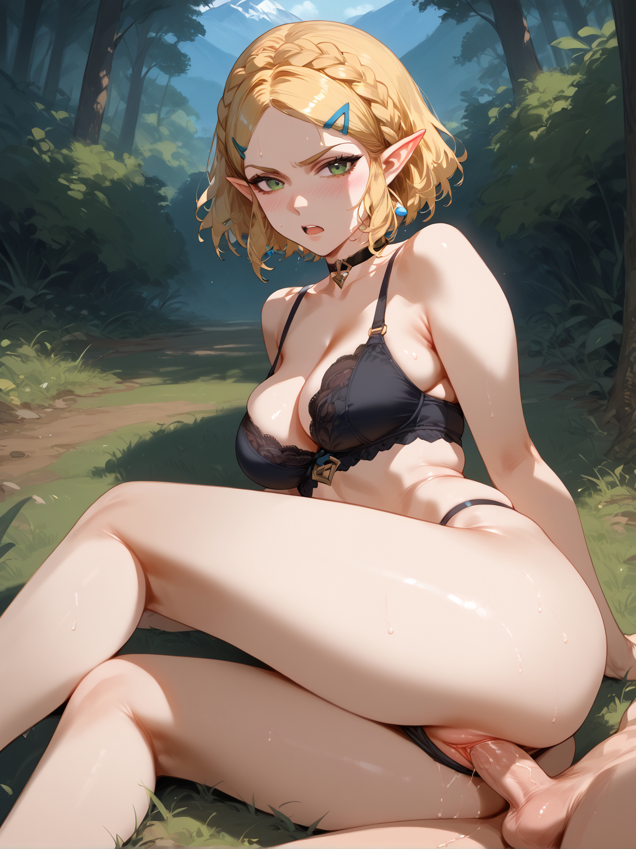 1boy, ai generated, angry, annoyed, bangs, bare shoulders, black bra, black panties, blonde hair, blush, bra, braid, breasts, brokewyt, choker, cleavage, clothed female nude male, clothing aside, collarbone, day, female, forest, grass, green eyes, hair ornament, hairclip, large breasts, looking at viewer, male, nature, on side, open mouth, outdoors, panties, panties aside, parted bangs, penis, pointy ears, princess zelda, pussy, sex, short hair, sitting, solo focus, straight, sweat, tears of the kingdom, the legend of zelda, thighs, uncensored, underwear, underwear only, vaginal penetration, zelda (tears of the kingdom)