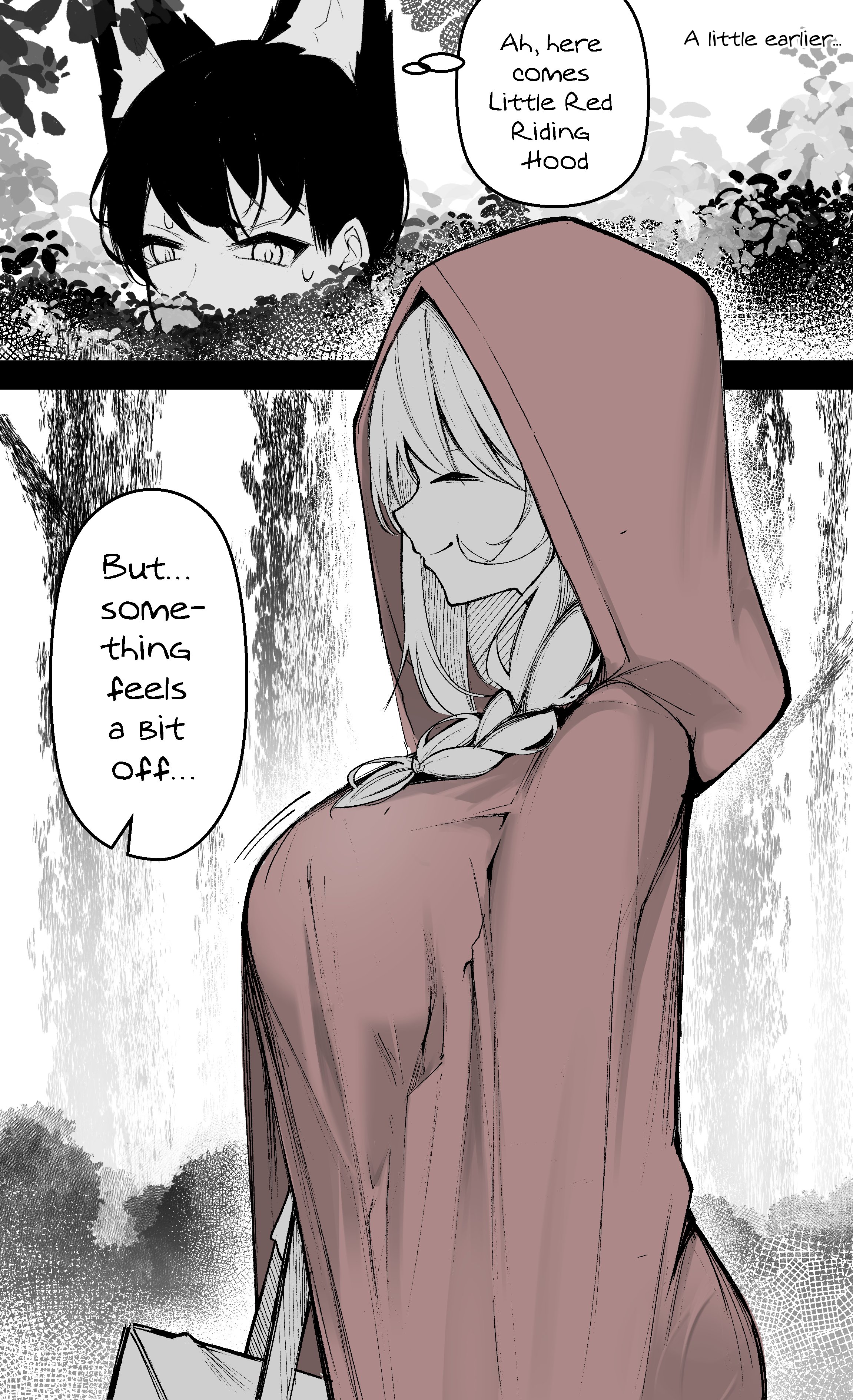 1boy, 1girls, 2025, 2d, 2koma, basket, big bad wolf, big breasts, black hair, black-haired male, blonde hair, blonde-haired female, breasts, chin, cloverdot, comedic, comedy, copyright request, cute, cute face, detailed background, detailed shading, dialogue, experienced female, fantasy, female, forest, forest background, forest setting, funny, giant breasts, grey background, huge breasts, imminent sex, large breasts, larger female, little red riding hood, male, medieval, medieval clothing, medieval fantasy, meme, nervous male, older female, pointy chin, red hood, short black hair, short male, shorter male, shy, simple color, simple colors, size difference, smaller male, sweatdrop, tall female, taller female, text, text bubble, thinking, twitter link, twitter username, unexpected dom, victorious heroine, wolf boy, wolf ears, wolf humanoid, younger male