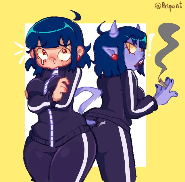 ass, big ass, big breasts, big butt, big thighs, big titties, blue hair, breasts, clothed, clothing, curvaceous, curvaceous female, curvaceous figure, curvy, curvy figure, curvy hips, demon, demon girl, female, female only, fully clothed, long hair, matsumoto nono, pripunt, punch punch forever!, purple skin, smoking, smoking cigarette, solo