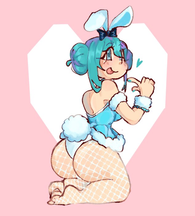1girl, animal ears, aqua eyes, aqua hair, aqua nails, ass, back view, bangs, bare shoulders, big ass, big butt, big thighs, blue hair, blush, bow, breasts, bunny ears, bunny girl, bunny girl suit, bunny tail, bunnysuit, curvaceous, curvaceous female, curvaceous figure, curvy, curvy figure, curvy hips, double bun, fake animal ears, fake tail, female, female focus, female only, fishnets, from behind, full body, fur trim, hair bow, hair bun, hatsune miku, heart, kneeling, leotard, looking back, nail polish, no shoes, one eye closed, pink background, playboy bunny, pripunt, rabbit ears, rabbit tail, seiza, short hair, sidelocks, smile, solo, strapless, strapless leotard, tail, tongue, tongue out, vocaloid, wrist cuffs