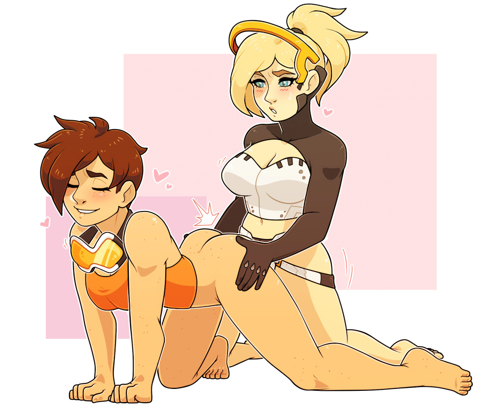 2girls ambiguous_penetration artist_request biting_lip blizzard_entertainment blue_eyes blush blushing cleavage closed_eyes feet female female_only freckled_skin freckles freckles_on_ass gloves goggles goggles_around_neck mercy multiple_girls overwatch pantless sex strap-on sweat_drop tracer yuri